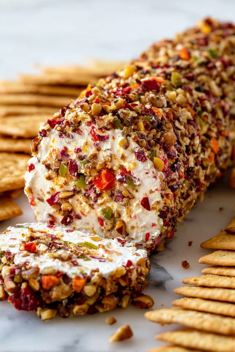 A close-up of a woman's hand holding a round, lightly speckled beige cracker topped with a small scoop of creamy white cheese mixed with small bits of vibrant red, orange, and green chopped nuts and fruits. The cracker shows a slightly rough texture with tiny dark flecks. In the blurred background, more crackers with the same creamy topping sit on a white marbled surface with a gold knife partially visible underneath. photo taken with an iphone --ar 2:3 --v 7 - Cranberry Pistachio Cheese Log, holiday appetizer, easy cheese appetizer, festive cheese ball, cranberry pistachio cheese log