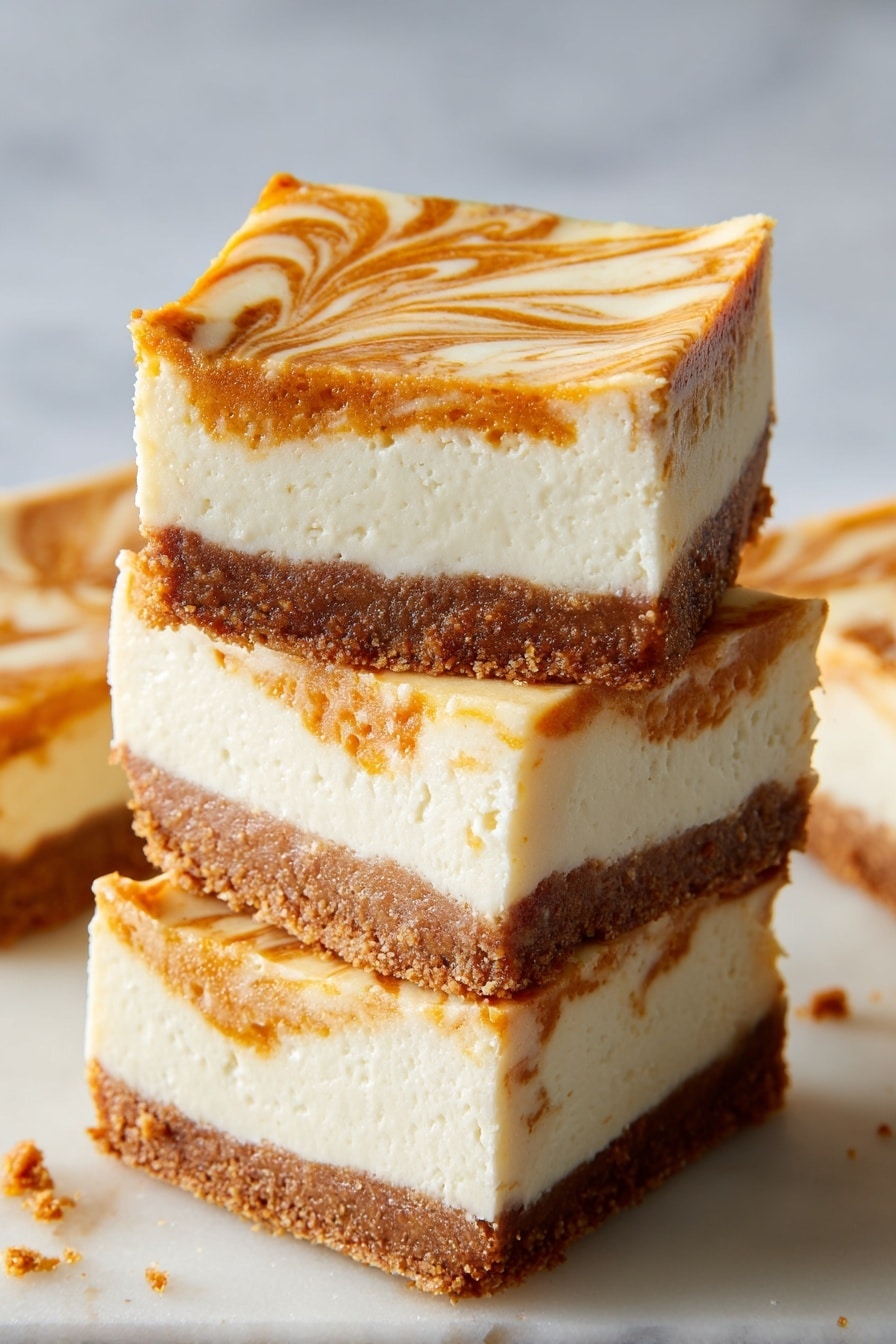 A square slice of cheesecake with three clear layers is shown on a white plate. The bottom layer is a crumbly brown crust, the middle layer is a thick, creamy white cheesecake, and the top layer is a smooth orange pumpkin swirl with light cream mixed in, creating a marbled effect. A silver fork holds a small bite showing all three layers, with some crumbs on the plate, and the whole scene is set against a white marbled background. photo taken with an iphone --ar 2:3 --v 7 - Pumpkin Cheesecake Bars, pumpkin dessert, fall cheesecake bars, easy pumpkin dessert, pumpkin bar recipe