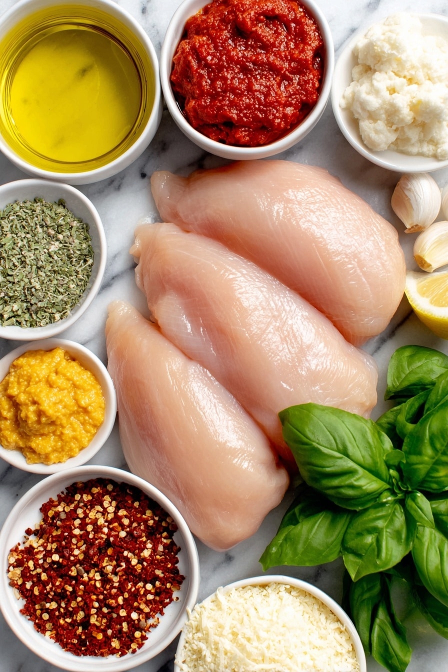 Flat lay of four raw skinless boneless chicken breasts arranged symmetrically, three whole garlic cloves unpeeled, a small white ceramic bowl with bright red tomato paste, a small white bowl with crushed red pepper flakes, a small white bowl filled with pale yellow extra-virgin olive oil, a small white bowl containing light orange pumpkin puree, a small white bowl of grated Parmesan cheese, a small white bowl of heavy cream, a small white bowl with fresh chicken broth, half a lemon cut in half showing fresh juicy pulp, a bunch of packed fresh green basil leaves, and a small pile of kosher salt and freshly ground black pepper grains scattered naturally placed on a clean white marble surface, soft natural light, photo taken with an iPhone, professional food photography style, fresh ingredients, white ceramic bowls, no bottles, no duplicates, no utensils, no packaging --ar 2:3 --v 7 --p m7354615311229779997 - Creamy Pumpkin Parmesan Chicken Skillet, pumpkin chicken skillet, creamy pumpkin chicken, pumpkin parm chicken, easy fall chicken recipes