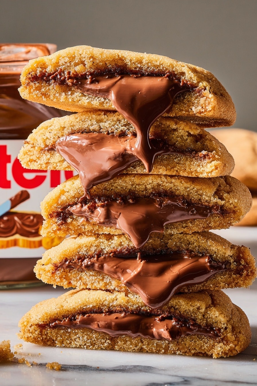 A close-up shows a woman’s hand breaking a soft, round cookie into two halves, revealing a thick layer of shiny, melted chocolate stretching between the pieces. The cookie has a golden brown color with a slightly rough texture and is coated lightly with granulated sugar. In the background, more whole cookies with a similar color and sugar dusting rest on a white marbled surface. The woman’s nails are painted black, adding contrast to the warm tones of the cookie and chocolate. photo taken with an iphone --ar 2:3 --v 7 - Pumpkin Nutella Cookies, pumpkin cookies with Nutella, fall cookie recipes, easy pumpkin dessert, chocolate pumpkin cookies