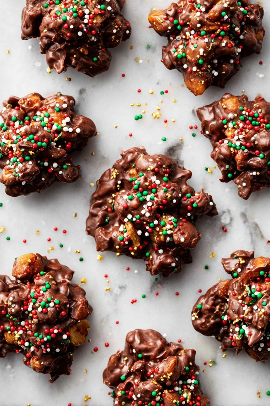 A white plate is filled with clusters of chocolate-covered treats that have a bumpy texture from the nuts and other ingredients inside. Each cluster is dark brown with a glossy chocolate coating and is sprinkled with small, round sprinkles in red, white, green, and gold, giving a festive look. One cluster is broken open in the middle, showing a soft, white, fluffy center with bits of nuts inside. The plate sits on a white marbled surface. photo taken with an iphone --ar 2:3 --v 7 - Crockpot Chocolate Peanut Candy, easy candy recipes, no-bake chocolate peanut treats, party candy ideas, homemade sweet gifts