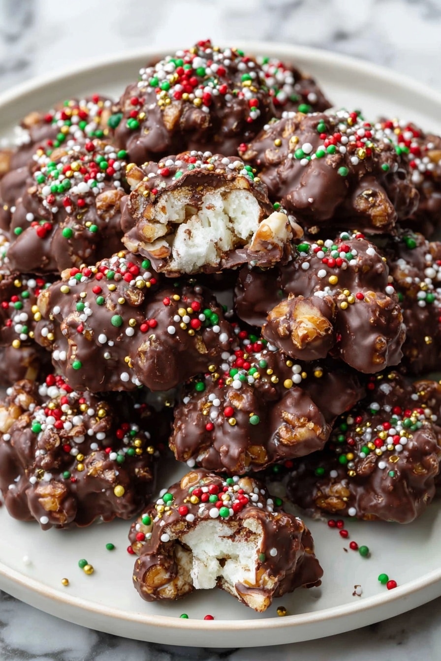 Clusters of small, round nuts covered in dark chocolate form uneven shapes piled on a white plate with brown striped rim details. Each nut cluster is sprinkled with tiny, colorful round sprinkles in red, green, white, and gold. The plate sits on a white marbled surface with another nut cluster near the edge. The texture of the nuts peeks through the thick chocolate layer, creating a bumpy appearance. photo taken with an iphone --ar 2:3 --v 7 - Crockpot Chocolate Peanut Candy, easy candy recipes, no-bake chocolate peanut treats, party candy ideas, homemade sweet gifts