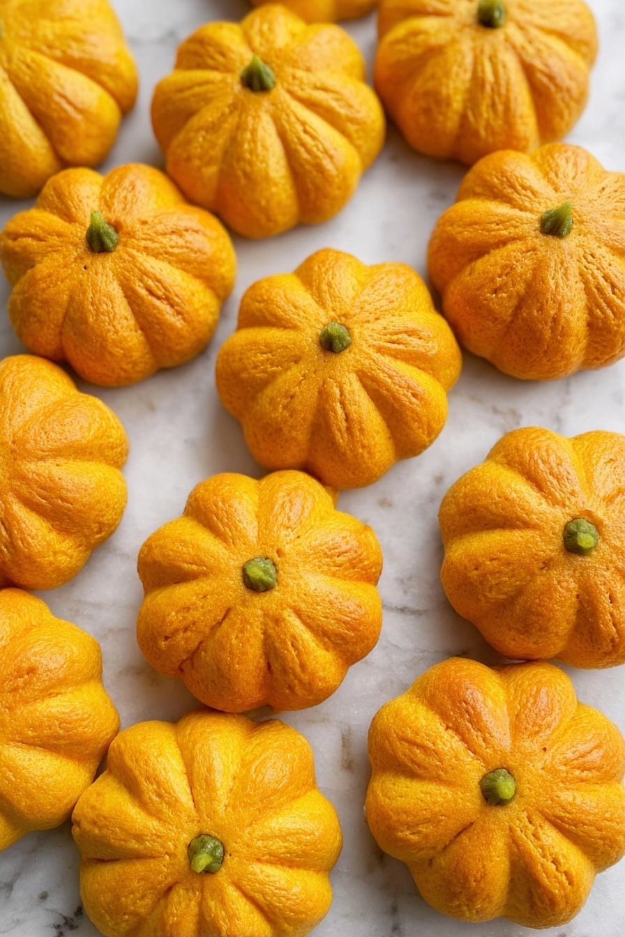 The image shows several small, round pastries shaped like pumpkins arranged closely on a white marbled surface. Each pastry has an orange-yellow color with a shiny, slightly baked texture, and is divided into six to seven sections with shallow cuts, giving the appearance of pumpkin ridges. A small green stem-like piece is placed in the center of each pastry. The overall scene gives a warm, autumn feel. photo taken with an iphone --ar 2:3 --v 7 - Pumpkin Dinner Rolls, pumpkin bread rolls, fall pumpkin bread, soft pumpkin rolls, holiday dinner rolls
