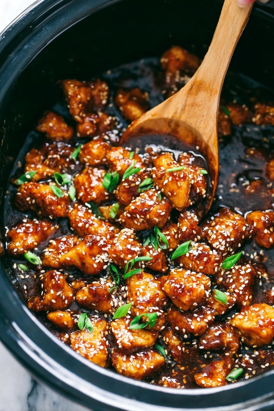 This image shows a close-up of small, golden-brown chicken pieces coated in a thick, dark brown sauce inside a black pot. The chicken chunks are covered with small white sesame seeds and sprinkled with chopped green onions, adding a bright green touch. A wooden spoon is scooping some of the chicken in the middle right area, with a woman's hand holding it. The background has a white marbled texture. photo taken with an iphone --ar 2:3 --v 7 - Slow Cooker General Tso’s Chicken, Chinese chicken recipes, easy slow cooker dinner, homemade General Tso’s chicken, family-friendly Chinese dishes