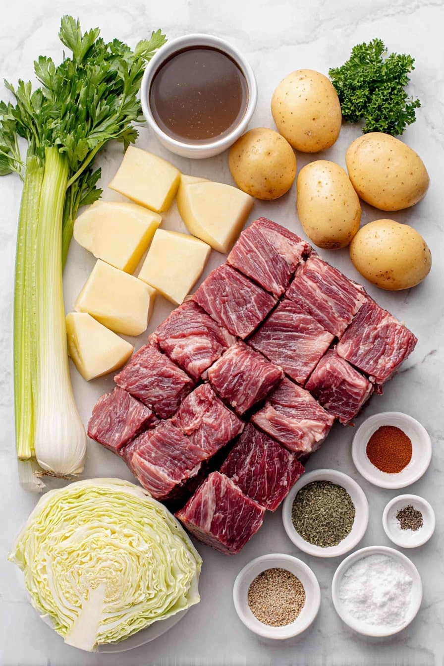 Flat lay of fresh corned beef chunks, large peeled potatoes cut into big pieces, two celery stalks with leaves, one whole white onion, a handful of baby carrots, small wedges of green cabbage, a small white bowl of rich beef broth, a small white bowl of dark Worcestershire sauce, a small white bowl filled with mixed pickling spices, a small white bowl of garlic powder, a small white bowl of paprika, a small white bowl of coarse salt, a small white bowl of freshly ground black pepper, a small white bowl of cornstarch, and a few sprigs of fresh chopped parsley placed on a clean white marble surface, soft natural light, photo taken with an iPhone, professional food photography style, fresh ingredients, white ceramic bowls, no bottles, no duplicates, no utensils, no packaging --ar 2:3 --v 7 --p m7354615311229779997 - Slow Cooker Corned Beef and Cabbage Stew, corned beef and cabbage stew, hearty slow cooker stew, easy Irish stew recipe, comfort food slow cooker