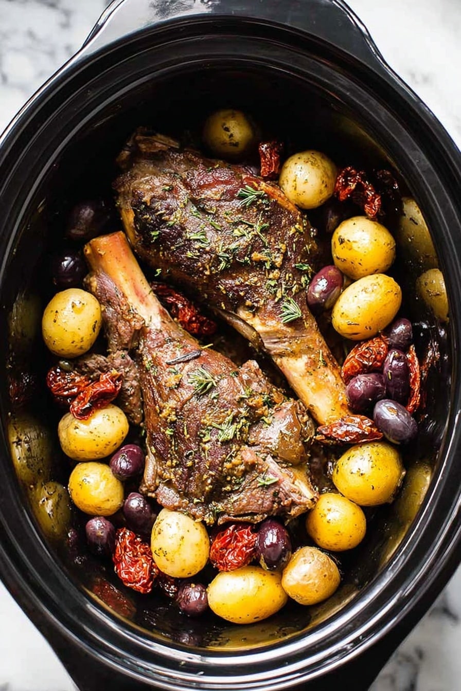 The image shows a black slow cooker filled with two large, browned meat pieces placed in the center, sprinkled with herbs. Around the meat, there are many small, round, yellow and purple potatoes and some shriveled, dark red sun-dried tomatoes mixed with a few black olives, all resting at the bottom. The textures vary from rough and crispy on the meat to smooth and firm on the potatoes with the dried tomatoes adding wrinkled, chewy details. The slow cooker is set on a white marbled surface. photo taken with an iphone --ar 2:3 --v 7 - Slow Cooker Greek Lamb Shanks, Greek Lamb Shanks, Mediterranean Lamb Recipes, Easy Lamb Dinner, Tender Lamb Shanks