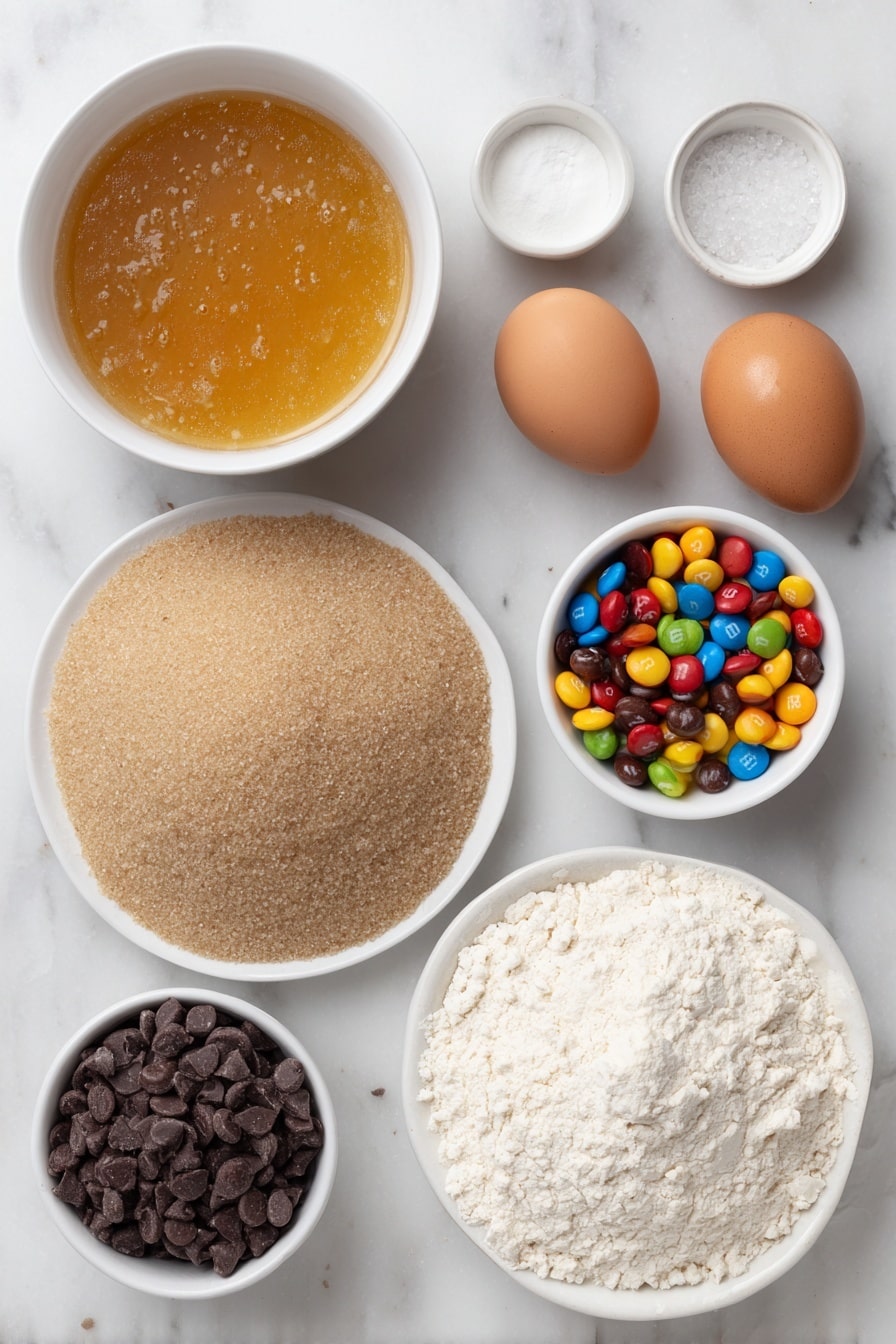 Flat lay of a small pool of golden browned butter in a simple white ceramic bowl, a mound of light brown sugar on a white plate, two whole brown eggs with clean shells, a small white bowl of clear vanilla extract, a small white bowl of fine white cornstarch powder, a heap of white all-purpose flour on a white plate, a heap of colorful M&M's candies scattered on a white plate, a small pile of dark chocolate chips on a white plate, and a few flaky salt crystals on a white plate, all arranged in perfect symmetry and balanced proportions, placed on a clean white marble surface, soft natural light, photo taken with an iPhone, professional food photography style, fresh ingredients, white ceramic bowls, no bottles, no duplicates, no utensils, no packaging --ar 2:3 --v 7 --p m7354615311229779997 - Chewy Browned Butter Blondies, Browned Butter Blondies recipe, easy blondies with browned butter, chewy blondie bars, festive blondie dessert