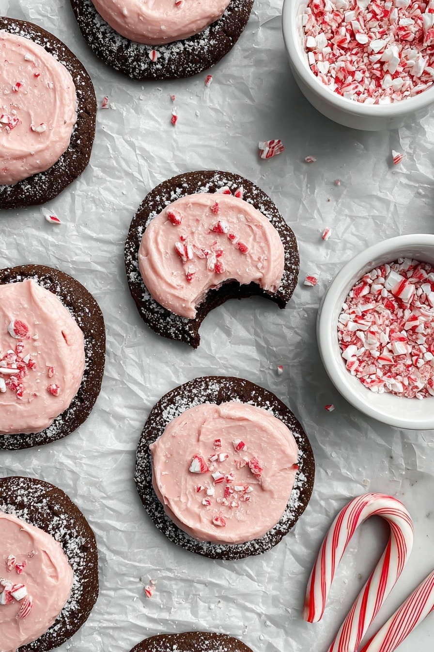 The image shows three round chocolate cookies on a baking tray lined with white parchment. Each cookie has three layers: the bottom layer is a dark brown cookie dusted with powdered sugar, the middle layer is a thick coat of smooth chocolate frosting, and the top layer is a swirl of light pink frosting with small pieces of crushed peppermint candy scattered on top. In the middle of the tray, there is a small fluted metal dish filled with more crushed peppermint candy. The tray sits on a white marbled surface. photo taken with an iphone --ar 2:3 --v 7 - Chocolate Peppermint Crinkle Cookies, festive holiday cookies, peppermint chocolate cookies, crackled cookie recipe, easy holiday treats
