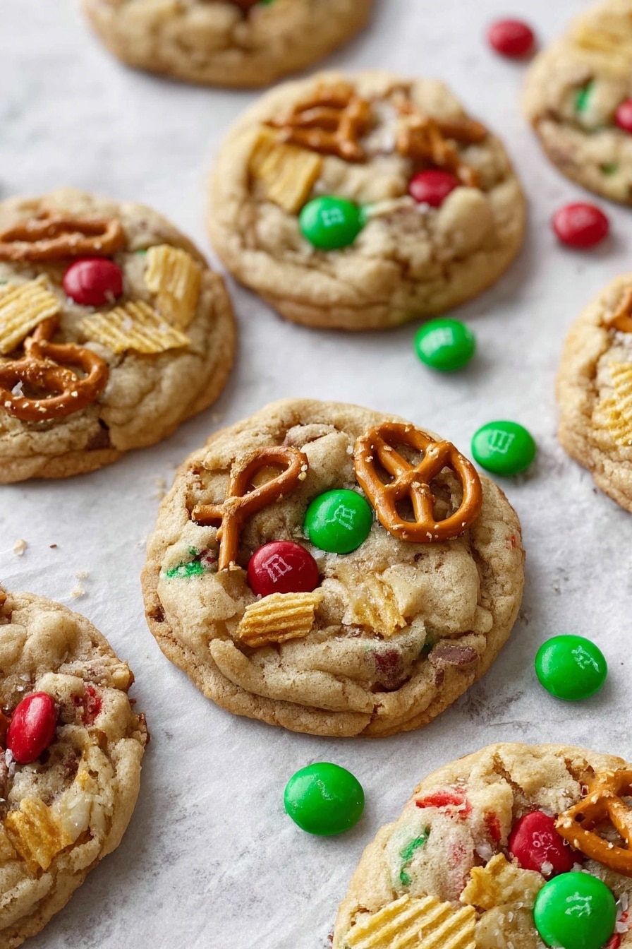 The image shows a close-up of seven soft, round cookies sitting directly on white parchment paper over a white marbled surface. Each cookie has a light golden beige dough base with visible rough and chewy texture. Mixed into the dough are bright red and green candy-coated chocolate pieces scattered throughout. On top, there are crunchy pretzel pieces and wavy potato chip slices, both golden brown, delicately pressed into the cookie surface. A few colorful candy pieces have also fallen around the cookies on the parchment paper. The scene is brightly lit, showing the chewy and crunchy contrast of the cookie toppings. photo taken with an iphone --ar 2:3 --v 7 - Santa's Mix-In Cookies, holiday cookie recipe, festive cookie ideas, fun cookie recipes, easy Christmas cookies