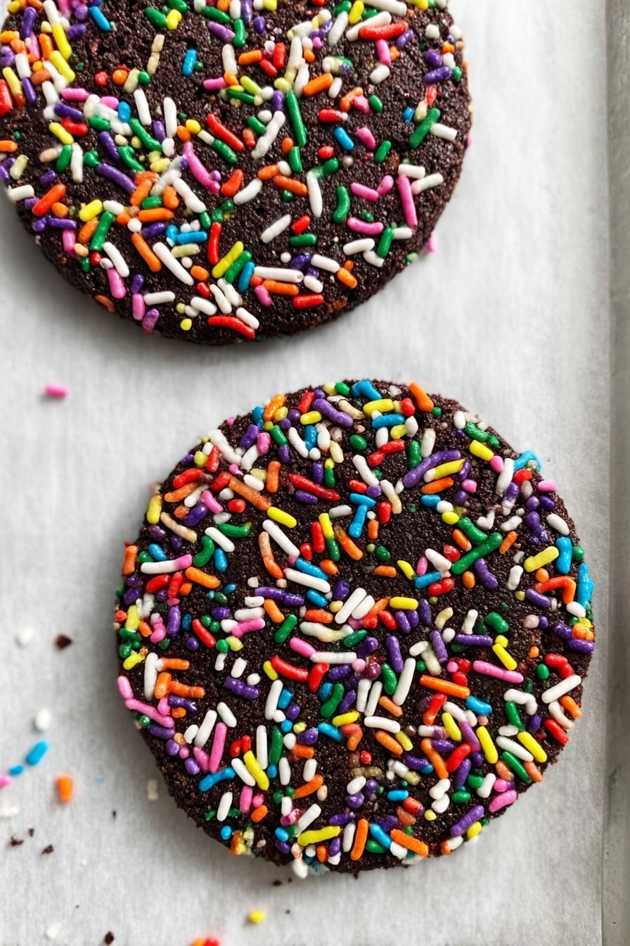 Two round dark chocolate cookies lie flat on white parchment paper over a metal baking tray. Each cookie is covered fully with colorful cylindrical sprinkles in white, red, orange, yellow, green, blue, purple, and pink. The cookies have a slightly rough texture showing through under the sprinkles. The edges of the cookies are slightly uneven, and a few stray sprinkles rest around them on the parchment. The photo taken with an iphone --ar 2:3 --v 7 - Chocolate Sprinkle Cookies, colorful chocolate cookies, fun cookies with sprinkles, easy chocolate cookies, festive sprinkle cookies