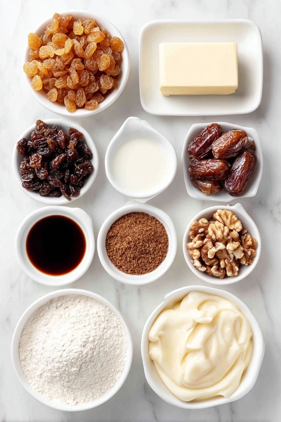 Flat lay of a small white ceramic bowl of golden raisins, a small white ceramic bowl of chopped dried apricots, a small white ceramic bowl of mixed diced dried peel, a small white ceramic bowl of chopped glace cherries, a small white ceramic bowl of diced dates, a small white ceramic bowl filled with amber apple juice, a smooth pat of unsalted butter on a white ceramic plate, a small white ceramic bowl filled with packed dark brown sugar, a small white ceramic bowl with vegetable oil, a small white ceramic bowl holding dark molasses, a small white ceramic bowl of mixed ground spices including allspice, cinnamon, and nutmeg, three whole uncracked brown eggs beside a small white ceramic bowl of baking powder, a small white ceramic bowl of plain flour, a small white ceramic bowl of chopped walnuts, and a small white ceramic bowl of creamy pouring custard, all arranged symmetrically and proportionally, placed on a clean white marble surface, soft natural light, photo taken with an iPhone, professional food photography style, fresh ingredients, white ceramic bowls, no bottles, no duplicates, no utensils, no packaging --ar 2:3 --v 7 --p m7354615311229779997 - Easy Moist Christmas Fruit Cake, Christmas Fruit Cake Recipe, Moist Fruit Cake, Holiday Fruit Cake, Festive Christmas Dessert
