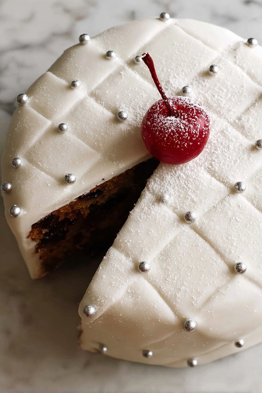 A slice of dark brown cake with a rough texture is placed on a white plate. The cake is covered with smooth, creamy yellow sauce being poured from above, flowing down its sides. It is decorated with several bright red cherries with green stems, both on the cake and around the plate. The scene is set on a white marbled surface, adding a clean contrast to the rich colors of the cake and cherries. Photo taken with an iphone --ar 2:3 --v 7 - Easy Moist Christmas Fruit Cake, Christmas Fruit Cake Recipe, Moist Fruit Cake, Holiday Fruit Cake, Festive Christmas Dessert