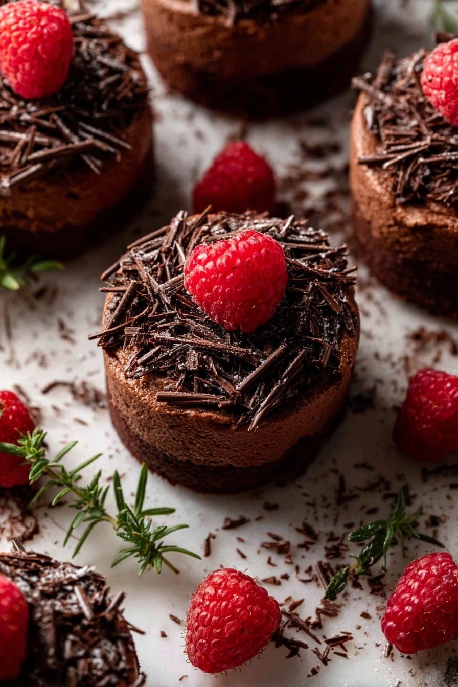 The image shows a piece of rich chocolate cake with four visible layers stacked neatly. The layers alternate between dark chocolate cake and smooth milk chocolate cream. The top layer is covered in chocolate cream and decorated with dark chocolate shavings scattered all over. A bright red raspberry sits on top as a fresh garnish. The cake piece is part of a larger cake that has a light dusting of powdered sugar and more chocolate shavings on its surface. The setting is a white marbled texture and there is a sprig of green herb near the cake, adding a touch of color. Photo taken with an iphone --ar 2:3 --v 7 - Mini Chocolate Cake Bites with Fluffy Buttercream, chocolate cake bites, mini chocolate cupcakes, fluffy buttercream frosting, chocolate dessert bites