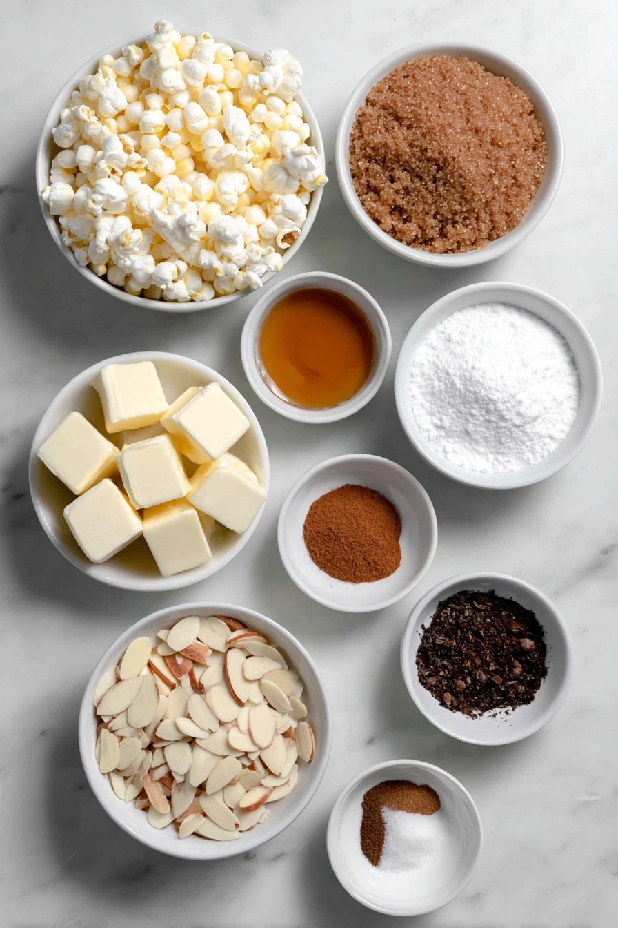 Flat lay of a small pile of pale yellow popping corn kernels, a handful of slivered almonds, a small white bowl filled with golden brown packed brown sugar, a small white bowl containing light amber corn syrup, a small white bowl with creamy unsalted butter cubes, a small white bowl of warm cinnamon powder, a smaller white bowl with ginger powder, a tiny white bowl of dark allspice powder, a tiny white bowl with ground cloves, a small white bowl holding fine white baking soda, a small white bowl with clear vanilla extract, and a small white bowl of vegetable oil, all arranged in a balanced symmetrical layout on a clean white marble surface, soft natural light, photo taken with an iPhone, professional food photography style, fresh ingredients, white ceramic bowls, no bottles, no duplicates, no utensils, no packaging --ar 2:3 --v 7 --p m7354615311229779997 - Christmas Spiced Caramel Popcorn, festive caramel popcorn, holiday spiced popcorn, Christmas treat popcorn, homemade festive snack