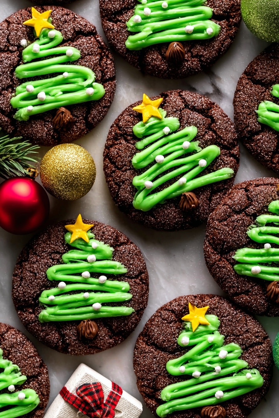 The image shows a stack of three dark chocolate cookies with a rough, crumbly texture, decorated with green icing lines and small round white sugar pearls on top; the middle cookie has bright yellow star-shaped icing and a small section of brown icing on the left side, all placed on a white marbled surface with blurred small green decorative trees in the background, creating a festive look. photo taken with an iphone --ar 2:3 --v 7 - Christmas Tree Cookie, Christmas Tree Cookie Recipe, holiday cookies, festive cookie ideas, chocolate Christmas cookies