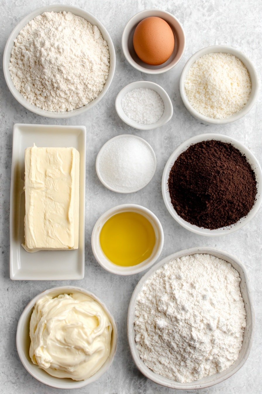 Flat lay of a block of cream cheese, a small mound of white granulated sugar, a small mound of all-purpose flour, a small white bowl of pure vanilla extract, one large uncracked brown egg, a pile of all-purpose flour, a small heap of unsweetened cocoa powder, a few teaspoons of baking powder, baking soda, and salt arranged neatly as fine white powders, a small white bowl filled with golden canola oil, a pile of white granulated sugar, a small white bowl with clear white vinegar, three large uncracked brown eggs, a small white bowl of sour cream, a small white bowl of creamy buttermilk, a small white bowl containing bright red gel food coloring, a block of unsalted butter, and a heap of sifted powdered sugar, all arranged in perfect symmetry on simple white ceramic bowls and plates, placed on a clean white marble surface, soft natural light, photo taken with an iPhone, professional food photography style, fresh ingredients, white ceramic bowls, no bottles, no duplicates, no utensils, no packaging --ar 2:3 --v 7 --p m7354615311229779997 - Red Velvet Cheesecake Cake, Red Velvet Cheesecake Cake recipe, layered red velvet cheesecake, best red velvet cake with cream cheese frosting, easy red velvet cheesecake dessert