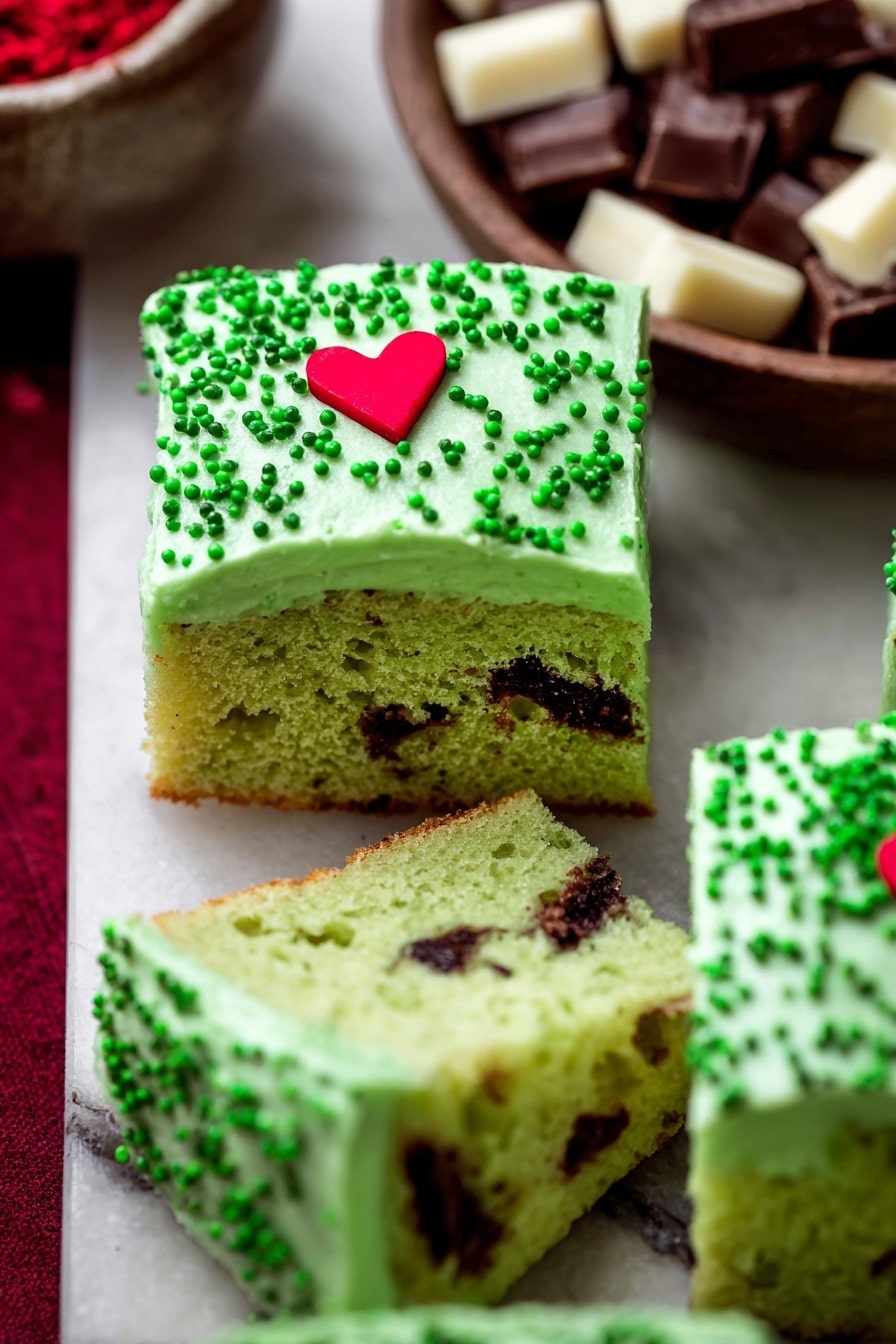 The image shows two square pieces of green cake with dark chocolate chips inside, stacked on a wooden board. Each piece has a smooth, light green frosting layer on top, decorated with small dark green round sprinkles and a red heart-shaped decoration. In the background, more slices of the same cake are visible. A small green gift box with a golden ribbon and a toy figure dressed as Santa with a green face and red clothes are placed around the wooden board. The image background has a white marbled texture. photo taken with an iphone --ar 2:3 --v 7 - Grinch Cake with Green Cream Cheese Frosting, holiday cake recipes, festive green cake, Christmas dessert ideas, green frosting cake