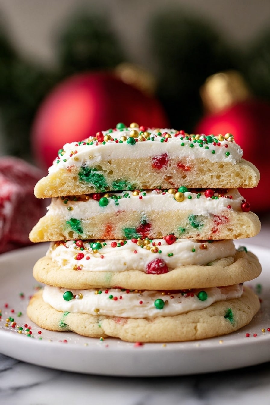 The image shows a close-up of a soft, round cookie with two main layers. The bottom layer is a light beige cookie with small red and green specks inside, giving it a festive look. On top is a thick, creamy white frosting layer spread in a swirling pattern that starts from the center and moves outward. The frosting is decorated with small round sprinkles in red, green, and white, along with tiny golden square sprinkles scattered evenly across the surface. The cookies rest on a white ceramic plate with an off-white rim featuring a carved pattern. The background has a white marbled texture with parts of some holiday decorations barely visible on the sides. photo taken with an iphone --ar 2:3 --v 7 - Christmas Sugar Cookies with Whipped Frosting, festive holiday cookies, Christmas cookie recipes, soft and chewy sugar cookies, holiday baking treats