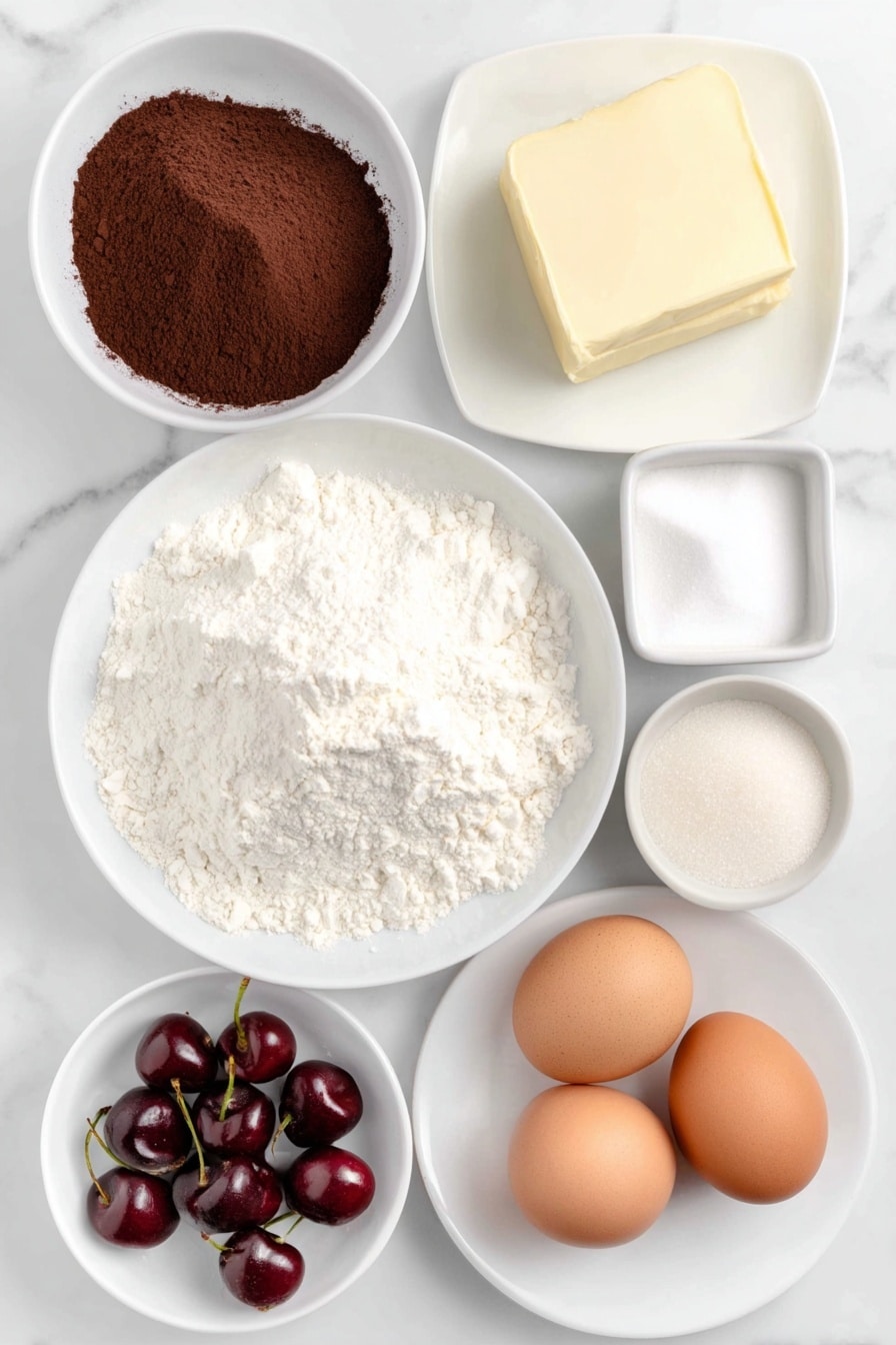 Flat lay of a small mound of all-purpose flour, a small bowl of unsweetened cocoa powder, a pinch of baking powder and baking soda arranged side by side, a small heap of salt crystals, a large chunk of unsalted butter slightly softened, a small pile of light brown sugar, a smaller pile of white granulated sugar, a small white bowl of pure vanilla extract liquid, two large whole brown eggs with clean shells, a small white bowl of cane sugar crystals, a cluster of fresh deep red cherries with stems, a small white bowl with cornstarch powder, a small white bowl with clear water placed neatly in perfect symmetry, all on simple white ceramic plates and bowls, placed on a clean white marble surface, soft natural light, photo taken with an iPhone, professional food photography style, fresh ingredients, white ceramic bowls, no bottles, no duplicates, no utensils, no packaging --ar 2:3 --v 7 --p m7354615311229779997 - Chocolate Cherry Cookies, Cherry Chocolate Cookies, Homemade Chocolate Cherry Cookies, Soft Fudgy Cherry Cookies, Cherry Chocolate Dessert