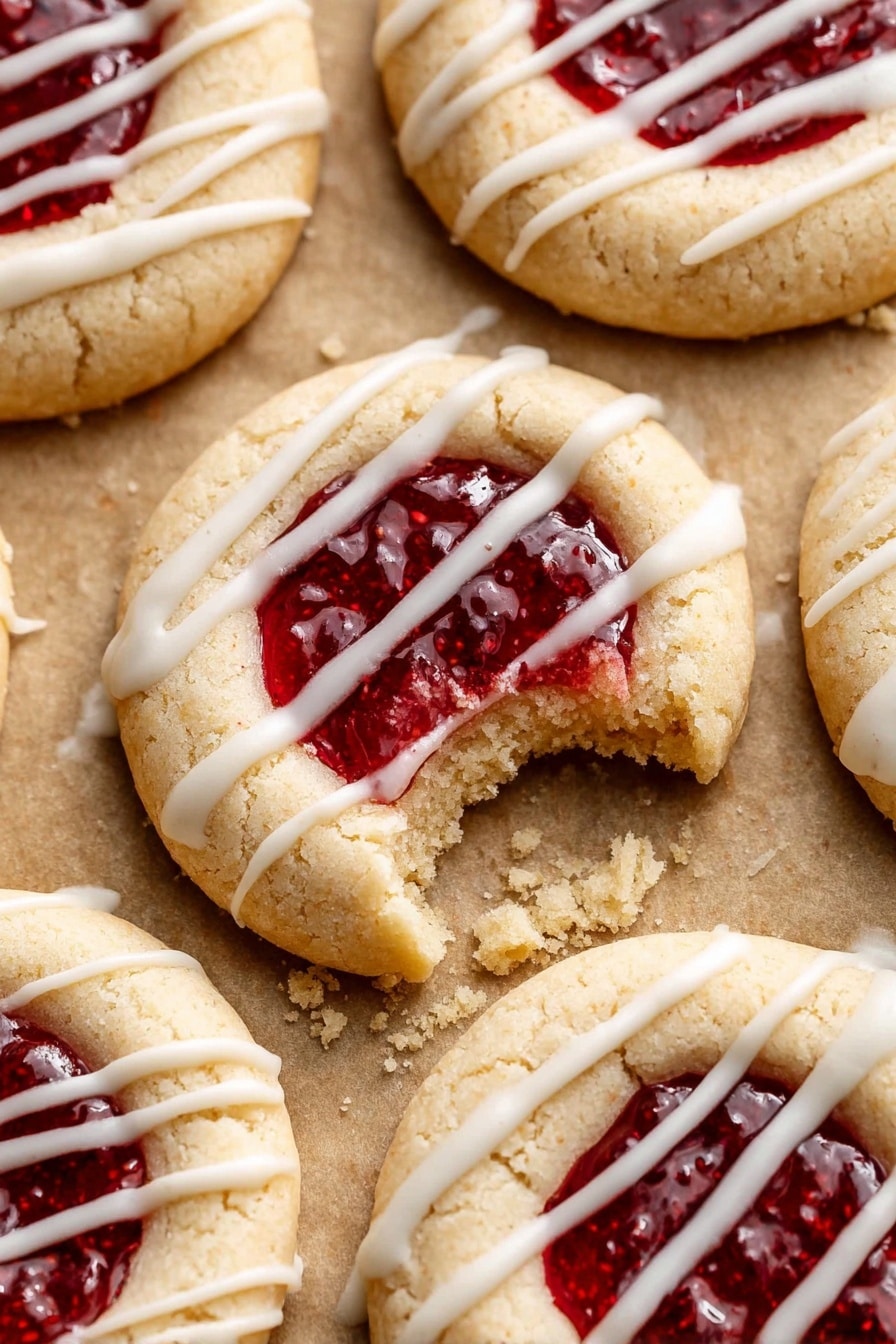 The image shows round cookies with a thick, light golden dough forming the base and a well in the center filled with glossy, deep red jam. Each cookie has three white icing stripes drizzled across the top, running parallel and spaced evenly. One cookie in the middle has a large bite taken out of it, revealing a crumbly, soft inside. The cookies rest on a light brown paper surface with a few crumbs scattered nearby. The overall look is soft and inviting, with the jam standing out against the pale dough and icing. Photo taken with an iphone --ar 2:3 --v 7 - Jam Thumbprint Cookies, thumbprint cookie recipe, homemade jam cookies, buttery jam cookies, holiday cookie recipes
