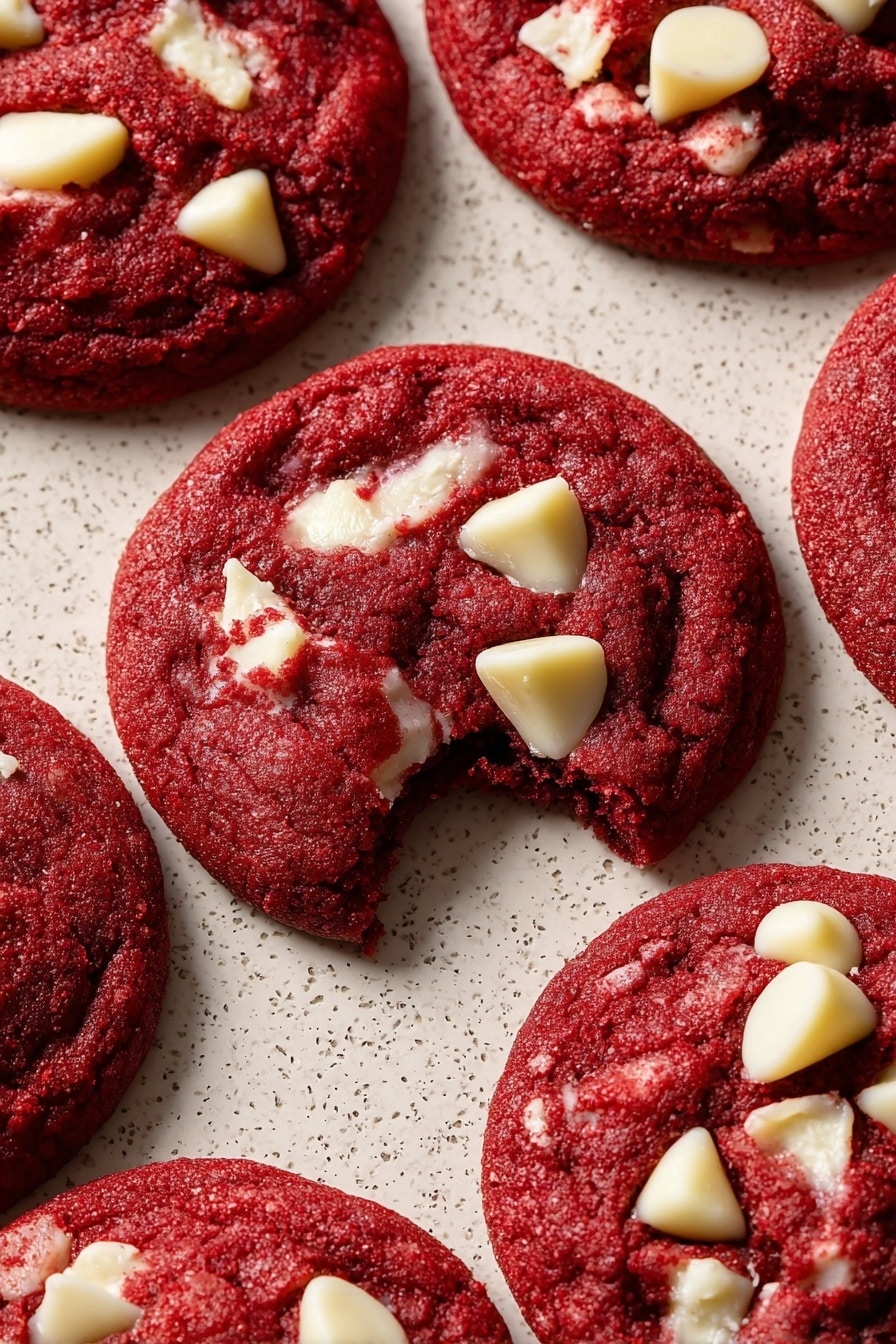 The image shows several round red velvet cookies with a soft, slightly wrinkled texture, each topped with uneven white chocolate chunks scattered on the surface. The cookies are placed on a light, speckled baking sheet that has a subtle rough texture. One cookie is partly broken, showing a rich red interior with bits of white chocolate. The red color is deep and vibrant, contrasting strongly with the creamy white chocolate pieces. The cookies are arranged close to each other, filling the frame. photo taken with an iphone --ar 2:3 --v 7 - Red Velvet White Chocolate Cookies, red velvet cookie recipe, white chocolate cookies, colorful cookie ideas, easy cookie recipes