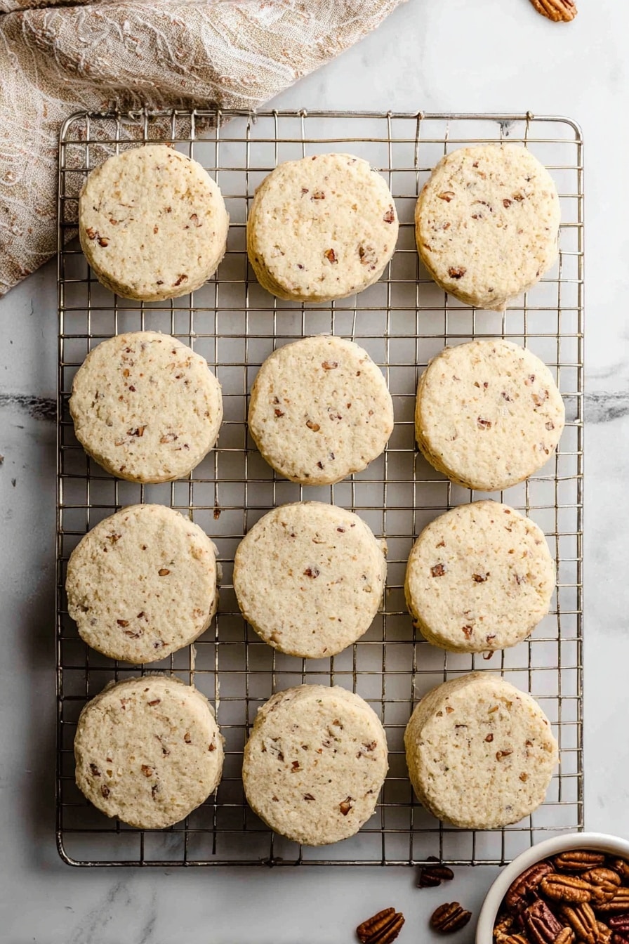 A wire cooling rack holds twelve round, light beige biscuits, evenly spaced in three rows of four. The biscuits have small bits of nuts visible throughout, giving a slightly rough texture. The rack rests on a white marbled surface with a soft, patterned towel draped on the top left side. In the bottom right corner, a small white bowl partially shows brown pecan nuts spilling onto the surface. The soft light creates gentle shadows, emphasizing the biscuits' thickness and texture photo taken with an iphone --ar 2:3 --v 7 - Pecan Sandies Cookies, Pecan Sandies Cookies recipe, buttery shortbread cookies, pecan cookies recipe, holiday cookie ideas