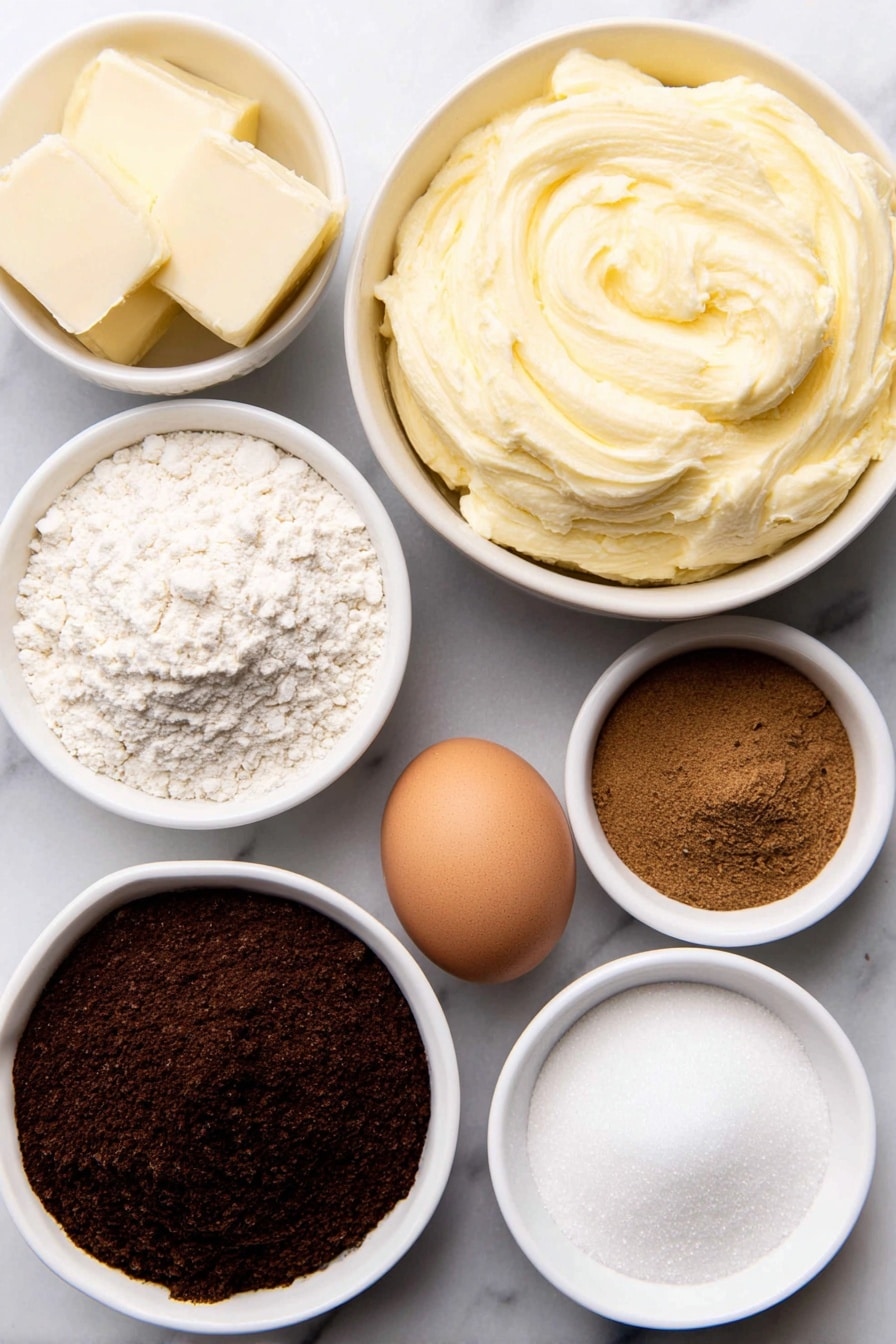 Flat lay of a small white ceramic bowl of softened butter, a small white ceramic bowl of granulated sugar, a small white ceramic bowl of molasses, one large whole uncracked egg with a clean shell, a small white ceramic bowl of all-purpose flour, a small white ceramic bowl containing a mix of ground ginger, ground cinnamon, ground nutmeg, baking soda, and salt arranged neatly side by side, and a small white ceramic bowl of granulated sugar for coating, all arranged symmetrically with realistic proportions, placed on a clean white marble surface, soft natural light, photo taken with an iPhone, professional food photography style, fresh ingredients, white ceramic bowls, no bottles, no duplicates, no utensils, no packaging --ar 2:3 --v 7 --p m7354615311229779997 - Easy Gingersnap Cookies, ginger snap cookies, spiced cookies, holiday cookie recipe, crispy ginger cookies