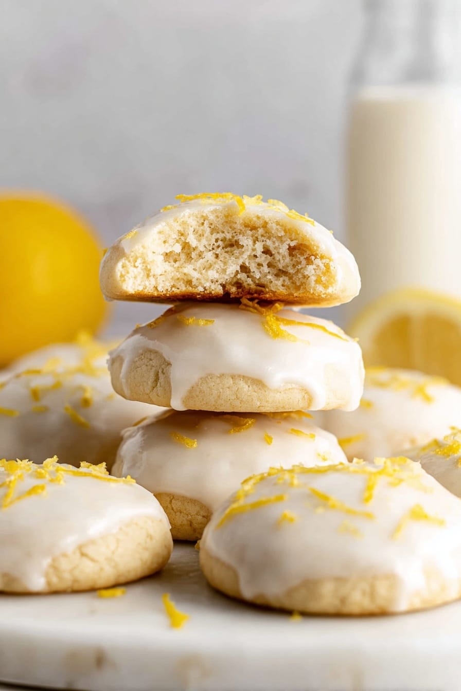A group of six soft, round lemon cookies are shown on a white marbled surface, each cookie covered with a smooth, white icing that has a slightly shiny texture. The cookies are topped with thin, bright yellow lemon zest scattered across the icing. One cookie is placed on top of another and has a bite taken out of it, revealing a dense, light beige inside with a crumbly texture. In the background, a whole lemon and a glass bottle filled with milk are softly blurred, enhancing the focus on the cookies. photo taken with an iphone --ar 2:3 --v 7 - Lemon Drop Cookies with Lemon Icing, Lemon Drop Cookies, Lemon Cookie Recipe, Citrus Cookies, Lemon Dessert