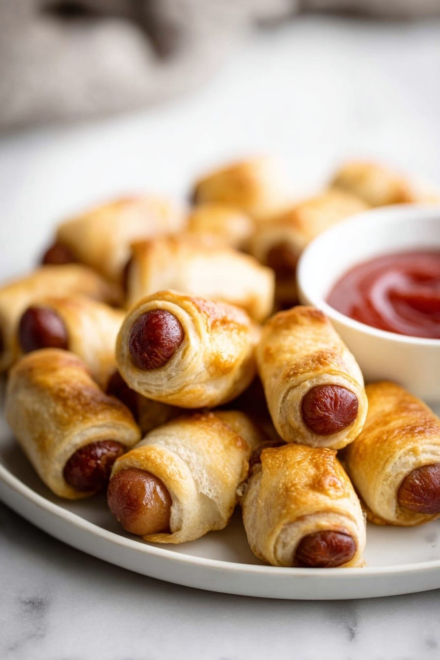 The image shows a white plate filled with small golden brown crescent rolls wrapped around mini sausages. Each roll has a slightly shiny, flaky crust with some small crispy brown edges, and the reddish-brown sausages peek out from the ends. The crescent rolls are arranged casually close together, taking up most of the plate. On the right side of the plate, there is a small white bowl filled with smooth, bright red ketchup. The plate sits on a white marbled textured surface, and a knitted beige cloth is visible in the background. Photo taken with an iphone --ar 2:3 --v 7 - Cheddar Hot Dog Pigs in a Blanket, cheesy pigs in a blanket, easy hot dog appetizers, kids friendly snack, game day finger foods