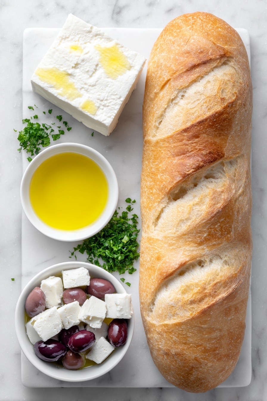 Flat lay of a sliced French baguette with crisp golden crust and soft white interior, a solid block of crumbly white feta cheese, a small white ceramic bowl filled with thick creamy Greek yogurt, a small white ceramic bowl of rich golden olive oil, a simple white ceramic bowl holding a cup of glossy pitted olives halved lengthwise showing deep purples and greens, and a few sprigs of fresh bright green chopped parsley scattered neatly, all arranged with perfect symmetry on a clean white marble surface, soft natural light, photo taken with an iPhone, professional food photography style, fresh ingredients, white ceramic bowls, no bottles, no duplicates, no utensils, no packaging --ar 2:3 --v 7 --p m7354615311229779997 - Whipped Feta Crostini Appetizer, easy feta crostini, quick party appetizers, flavorful crostini recipes, elegant snack ideas