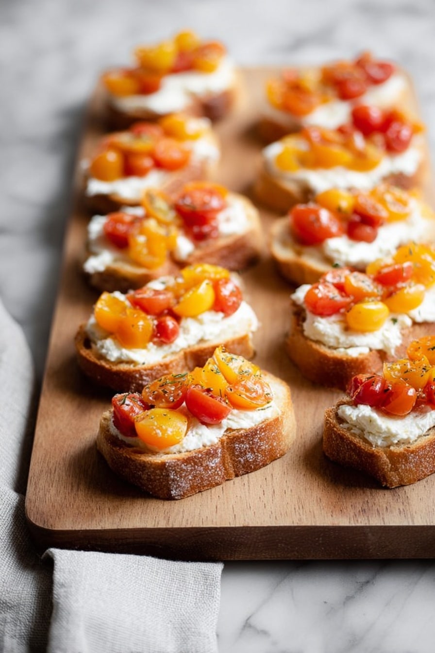The image shows a wooden board with ten pieces of toasted bread arranged nicely in rows. Each toast has three visible layers: the base is a golden brown crusty toast slice, the middle layer is a smooth, creamy white spread, and the top layer consists of small, uneven chunks of colorful tomatoes in red, yellow, and orange, giving the dish a fresh look. The board is placed on a white marbled surface, and a woman's hand is holding the bottom right toast gently. The scene is well-lit, showing the texture of the toast and cream clearly, creating a fresh and appetizing appearance. photo taken with an iphone --ar 2:3 --v 7 - Whipped Ricotta Crostini with Cherry Tomatoes, easy appetizer recipes, elegant party snacks, healthy appetizer ideas, quick vegan starters