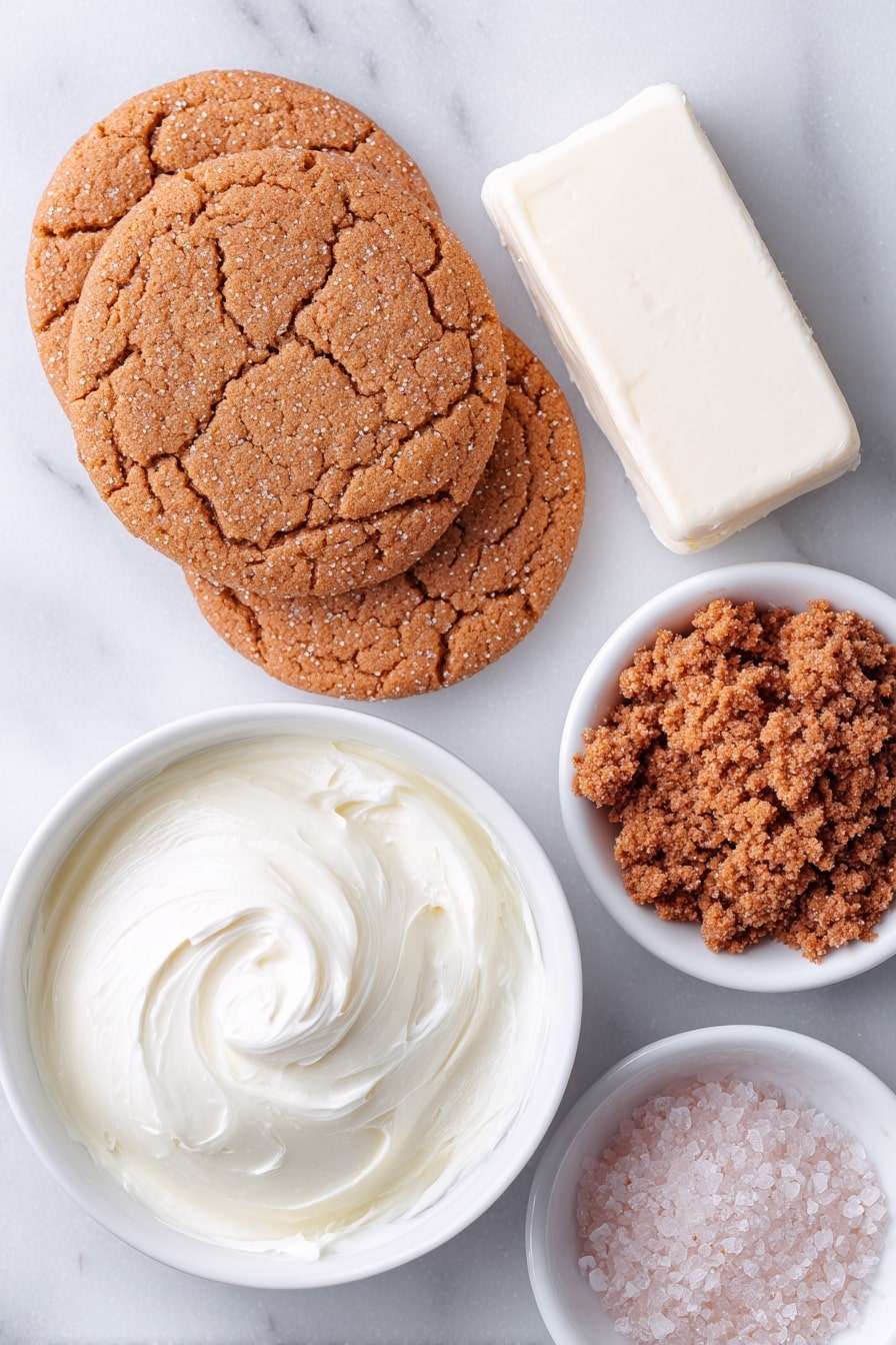 Flat lay of a small mound of whole gingersnap cookies with golden-brown cracked surfaces, a block of soft cream cheese with a creamy white texture, a small white ceramic bowl filled with smooth melted white chocolate, and a few crushed gingersnap cookie crumbs in a separate small white bowl, all arranged in perfect symmetry on a clean white ceramic plate, placed on a clean white marble surface, soft natural light, photo taken with an iPhone, professional food photography style, fresh ingredients, white ceramic bowls, no bottles, no duplicates, no utensils, no packaging --ar 2:3 --v 7 --p m7354615311229779997 - Gingerbread Truffles with White Chocolate, holiday spice treats, gingerbread dessert bites, easy festive truffles, white chocolate holiday sweets