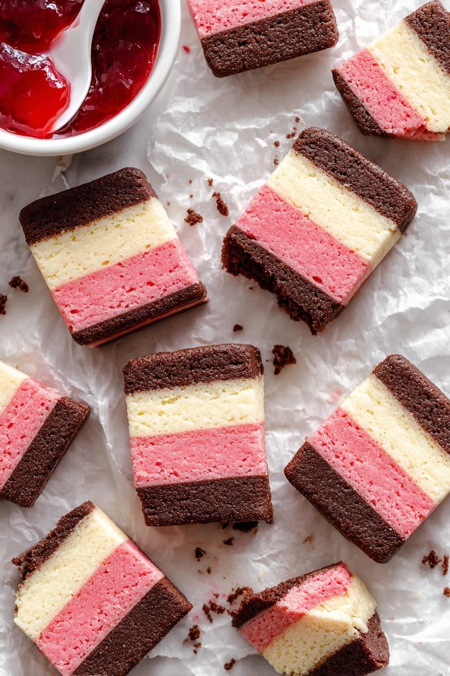 The image shows many rectangular layered cookies placed neatly on white parchment paper over a white marbled surface. Each cookie has three thick horizontal layers: the top layer is dark brown with a slightly rough texture, the middle layer is light cream with a smooth, slightly grainy look, and the bottom layer is pink, also smooth. The cookies are close together, filling the frame evenly with their flat, clean edges clearly visible. Photo taken with an iphone --ar 2:3 --v 7 - Neapolitan Cookies with Strawberry and Chocolate Layers, layered cookie recipe, Neapolitan dessert cookies, strawberry chocolate layered cookies, colorful cookie slices