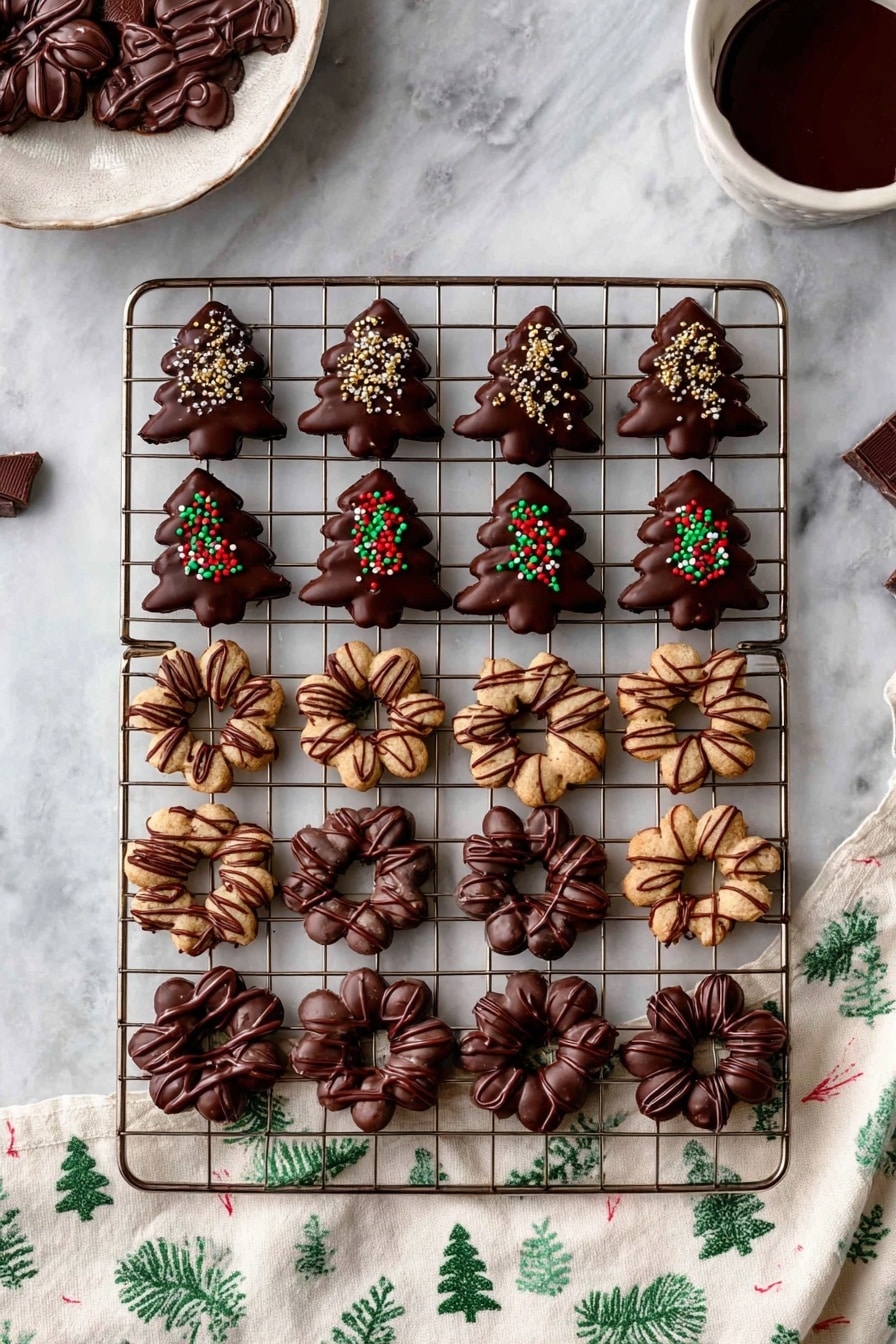 A rectangular metal cooling rack holds four rows of cookie shapes arranged neatly, set on a white marbled surface. The top and fifth rows feature chocolate tree-shaped cookies with half coated in dark chocolate and decorated with small white and gold sprinkles. The second and last rows show flower-shaped cookies with round petals, some drizzled with dark chocolate and topped with colorful red, green, and white round sprinkles. The third row contains flower cookies with detailed petals, plain and uncoated. The fourth row has flower-shaped cookies with a hollow center, half plain and half drizzled with dark chocolate. A white napkin decorated with green Christmas tree prints lies next to the rack, and a white bowl with dark chocolate is visible in the top right corner. photo taken with an iphone --ar 2:3 --v 7 - Chocolate Spritz Cookies with Chocolate Drizzle, chocolate spritz cookies, chocolate cookies, spritz cookie recipes, chocolate treats