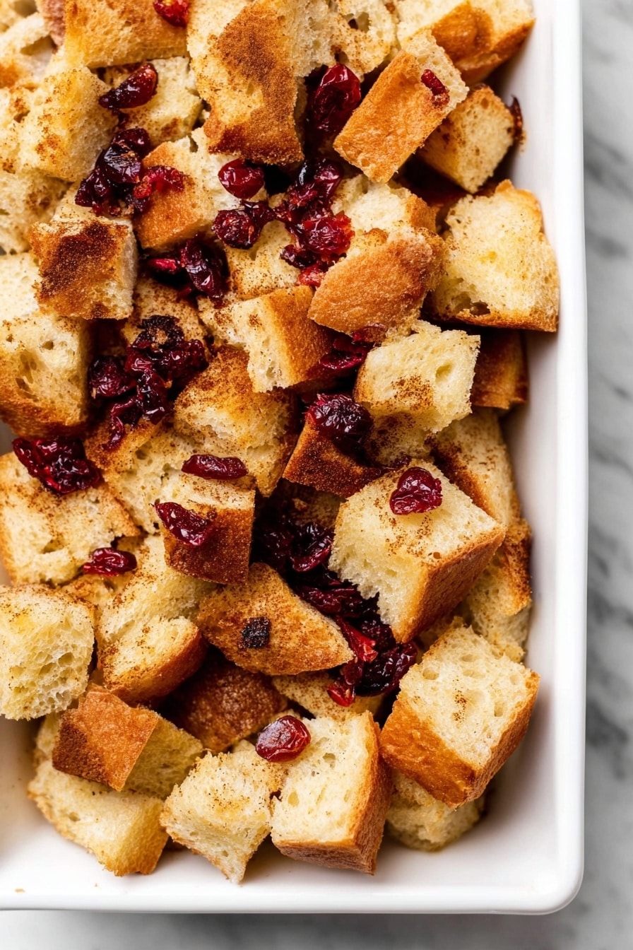 A white plate holds several uneven slices of toasted bread stacked slightly on each other. The bread is golden brown with a crispy texture on the edges and a soft, airy inside. Light white powdered sugar is sprinkled over the bread and plate, adding a delicate dusting. Scattered around the bread slices are a few shiny, red cranberry pieces. Behind the plate, there is a dark spoon resting as a background item. The setting is on a white marbled surface, creating a bright and clean look. Photo taken with an iphone --ar 2:3 --v 7 - Gingerbread French Toast Casserole, holiday breakfast casserole, make-ahead breakfast ideas, cozy holiday morning recipes, spiced breakfast bake