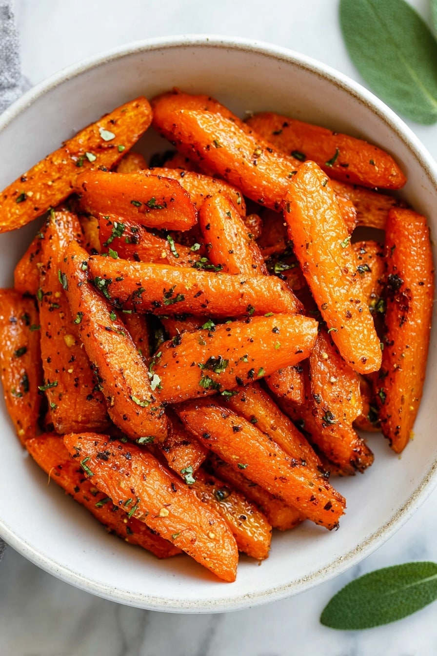 The image shows a white bowl filled with roasted carrot pieces that are cut into thick, short strips. Each carrot piece has a bright orange color with a slightly charred texture and is sprinkled evenly with black pepper and small green herb bits, giving a fresh and spiced look. The bowl is placed on a white marbled surface, with a small green parsley leaf visible in the top right corner. photo taken with an iphone --ar 2:3 --v 7 - Crispy Parmesan Air Fryer Carrots, air fryer carrot side dish, healthy vegetable recipes, easy air fryer vegetables, crunchy carrot recipes