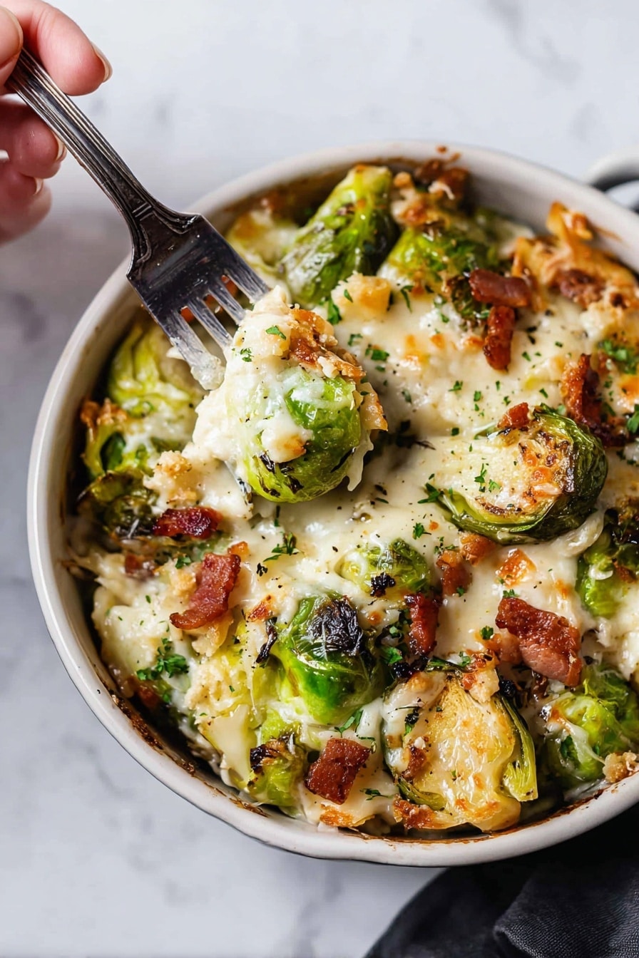 A black dish filled with layers of baked Brussels sprouts covered in melted, golden brown cheese. The Brussels sprouts are bright green with some charred dark spots, mixed with small pieces of crispy browned bacon scattered on top and throughout. The cheese layer is creamy white with brown toasted edges and small green herb sprinkles. A woman's hand is holding a fork that lifts a chunk of the Brussels sprouts and cheese from the dish, showing the soft texture underneath the melted cheese. The dish sits on a white marbled surface photo taken with an iphone --ar 2:3 --v 7 - Cheesy Brussels Sprouts Casserole with Bacon, Brussels Sprouts Bacon Bake, Easy Brussels Sprouts Casserole, holiday Brussels Sprouts Side Dish, cheesy Brussels Sprouts recipe