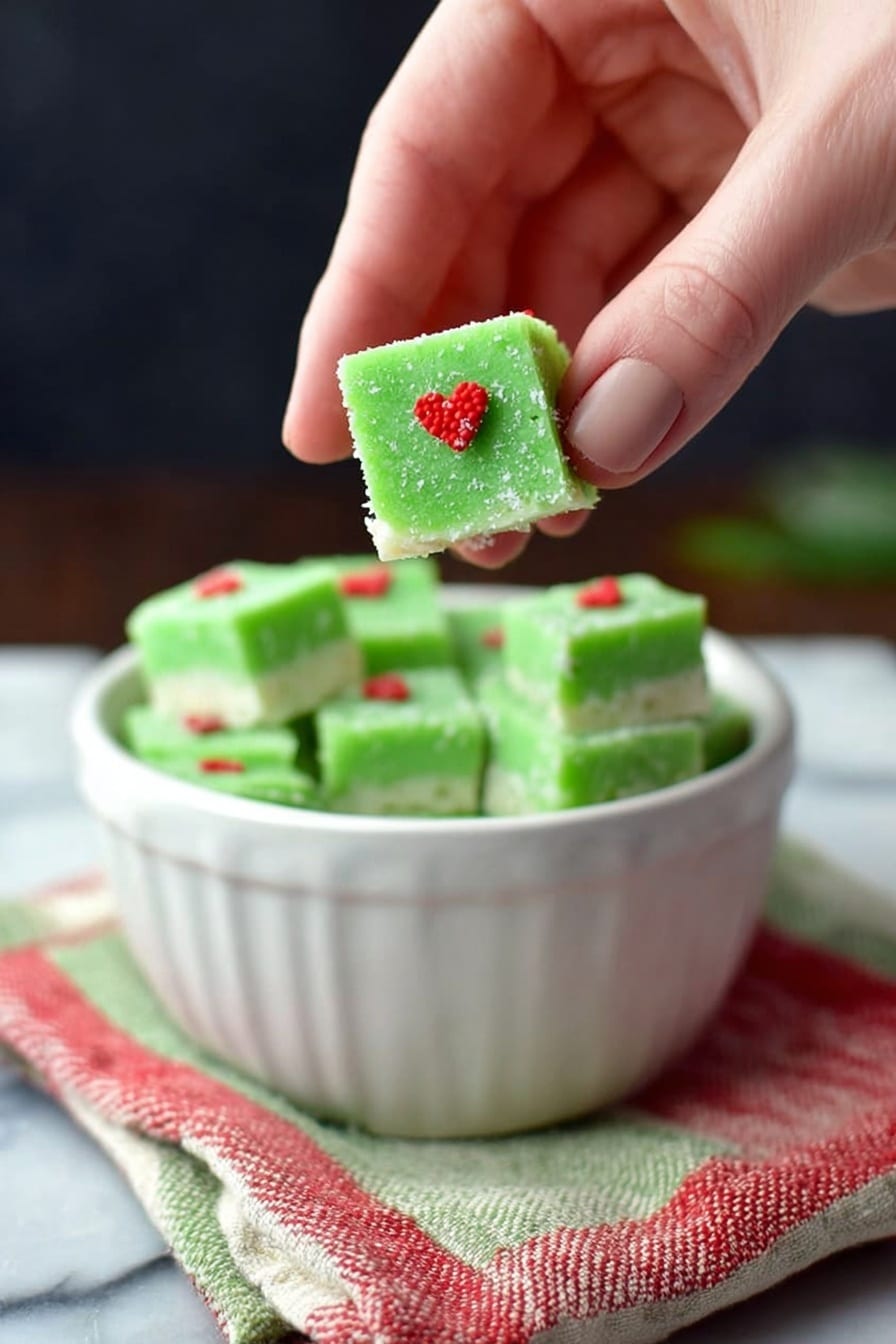 A white bowl filled with square pieces of green fudge. Each piece has a smooth, light green base layer covered with a coarse green sugar layer on top. Some squares have small red heart-shaped sprinkles on the green sugar, while others are decorated with white and red candy drizzle stripes across the top. The bowl is sitting on a white marbled surface with a multicolored plaid cloth under it. Photo taken with an iphone --ar 2:3 --v 7 - Grinch Peppermint Fudge, peppermint fudge recipe, holiday fudge, festive peppermint treats, green peppermint fudge