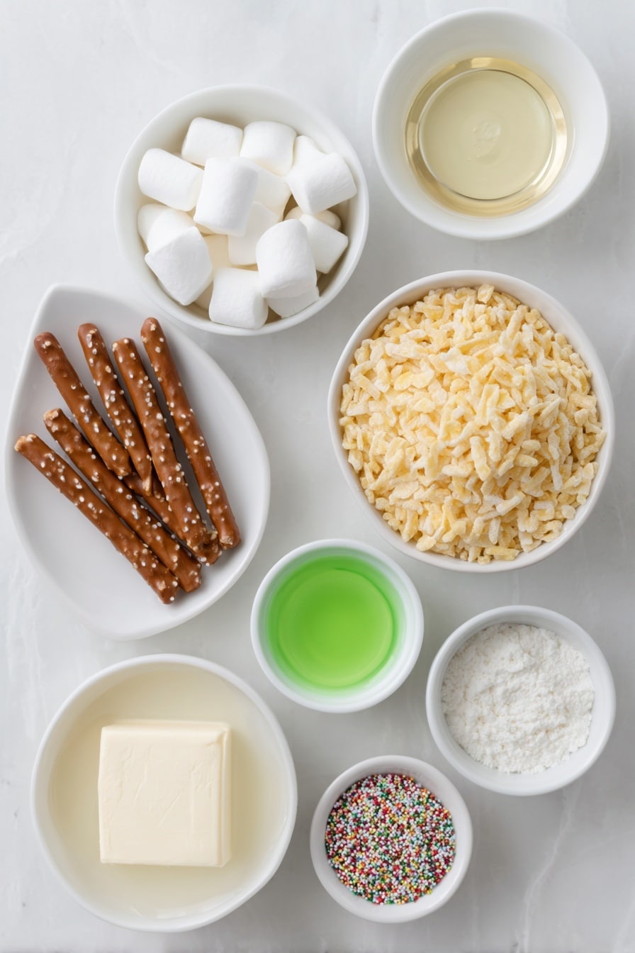 Flat lay of five tablespoons of unsalted butter in a small white ceramic bowl, a handful of fresh white marshmallows in a white ceramic dish, three drops of vibrant green gel food coloring on a white ceramic plate, a teaspoon of clear vanilla extract in a small white bowl, a white ceramic bowl filled with puffed golden rice krispies cereal, a dozen fresh brown pretzel sticks arranged neatly on a white plate, a small white bowl holding colorful Christmas sprinkles, and a small white bowl with melted creamy white chocolate, all placed on a clean white marble surface, soft natural light, photo taken with an iPhone, professional food photography style, fresh ingredients, white ceramic bowls, no bottles, no duplicates, no utensils, no packaging --ar 2:3 --v 7 --p m7354615311229779997 - Christmas Tree Rice Krispie Treats, Festive Rice Krispie treats, Christmas dessert ideas, holiday treats for kids, easy Christmas snacks