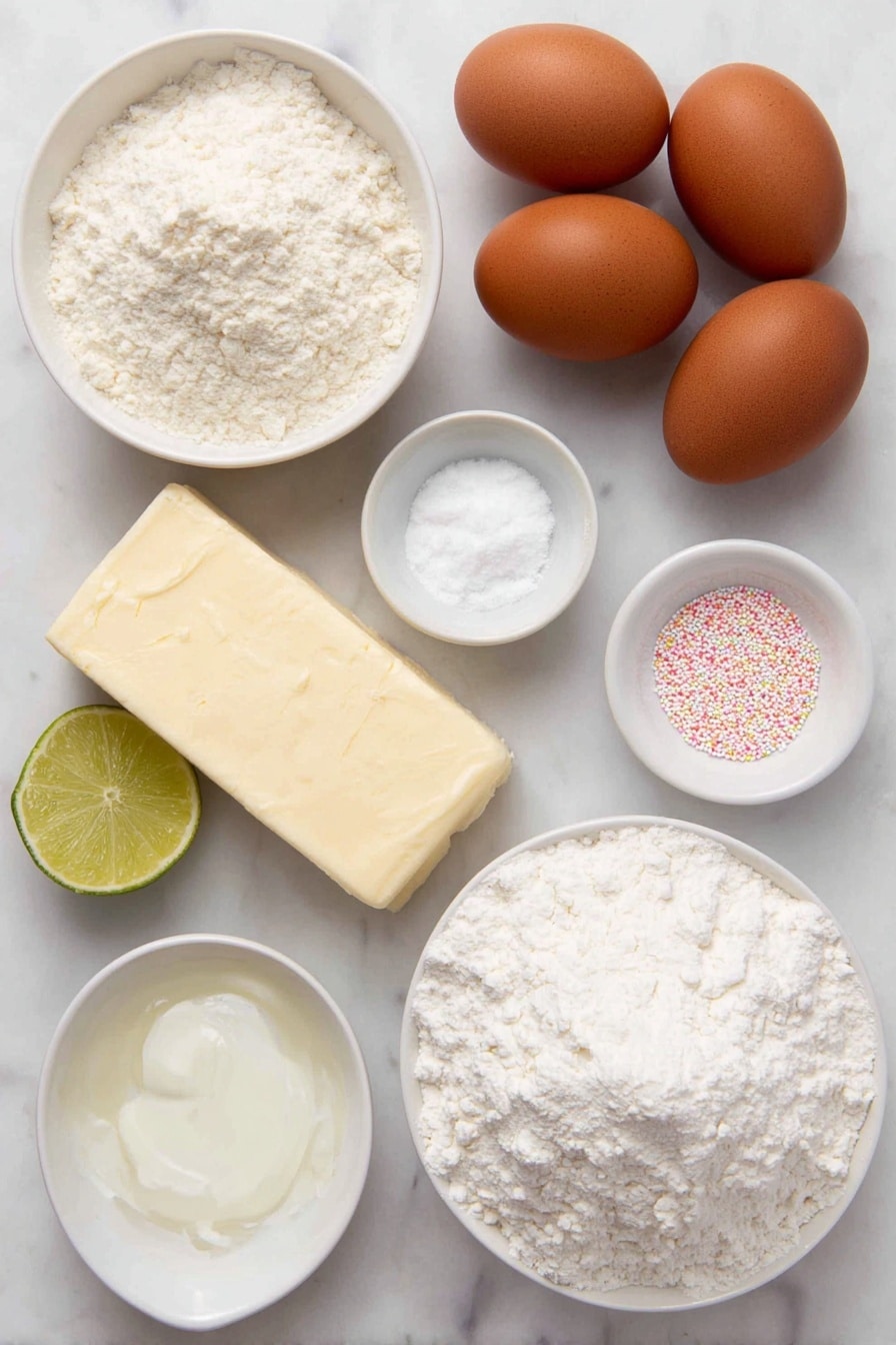 Flat lay of a small mound of all-purpose flour, a few grains of kosher salt scattered nearby, a sliced lime showing juicy pulp and bright green zest, a thick slab of unsalted butter with a smooth surface, granulated sugar sparkling under the light, two large brown eggs with clean uncracked shells, a small white ceramic bowl filled with glossy egg whites, another small white bowl heaped with fine powdered sugar, a small white bowl with vibrant pink gel food coloring, and a scattering of colorful sugar sprinkles—all arranged symmetrically on simple white ceramic dishes—placed on a clean white marble surface, soft natural light, photo taken with an iPhone, professional food photography style, fresh ingredients, white ceramic bowls, no bottles, no duplicates, no utensils, no packaging --ar 2:3 --v 7 --p m7354615311229779997 - Christmas Tree Sugar Cookies with Frosting, festive sugar cookie recipe, holiday baking cookies, Christmas dessert ideas, easy Christmas cookies