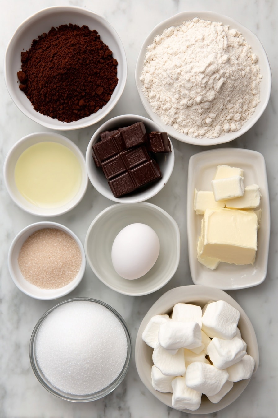 Flat lay of a small mound of all-purpose flour, a small white bowl of unsweetened cocoa powder, a tiny white bowl containing baking soda, a tiny white bowl containing baking powder, a tiny white bowl of salt, a small white bowl with melted unsalted butter, a small pile of packed light brown sugar, a small pile of white granulated sugar, a small white bowl holding pure vanilla extract, one large whole egg with a clean shell, one whole egg yolk separate from the egg, a small white bowl filled with white granulated sugar for rolling, ten regular sized white marshmallows, and twenty unwrapped Hershey's Kisses Hot Cocoa Chocolates all arranged symmetrically and balanced on a clean white ceramic surface placed on a clean white marble surface, soft natural light, photo taken with an iPhone, professional food photography style, fresh ingredients, white ceramic bowls, no bottles, no duplicates, no utensils, no packaging --ar 2:3 --v 7 --p m7354615311229779997 - Hot Cocoa Cookie Blossoms, hot cocoa cookies, chocolate kiss cookies, marshmallow cookies, cozy holiday cookies