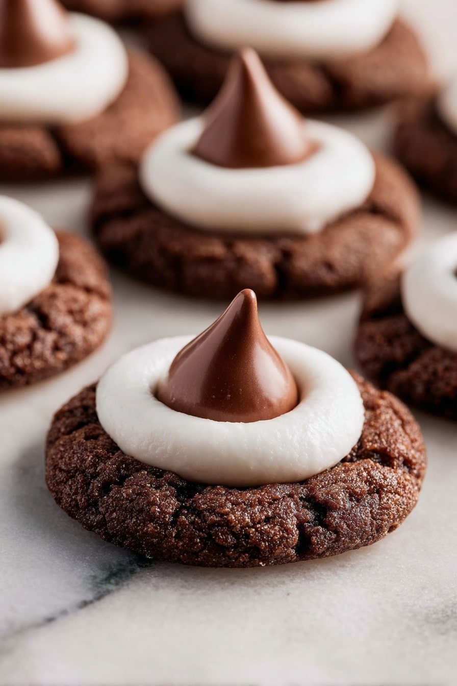 The image shows several chocolate cookies placed closely on a black wire cooling rack over a white marbled surface. Each cookie has two distinct layers on top: the base is a dark brown, slightly cracked and textured round cookie, followed by a white marshmallow ring sitting flat on the cookie's center. Inside the marshmallow ring, there is a smooth, shiny, cone-shaped dollop of milk chocolate that stands out with its glossy texture. The overall look is rich and inviting with the contrast of dark brown, white, and glossy chocolate. photo taken with an iphone --ar 2:3 --v 7 - Hot Cocoa Cookie Blossoms, hot cocoa cookies, chocolate kiss cookies, marshmallow cookies, cozy holiday cookies