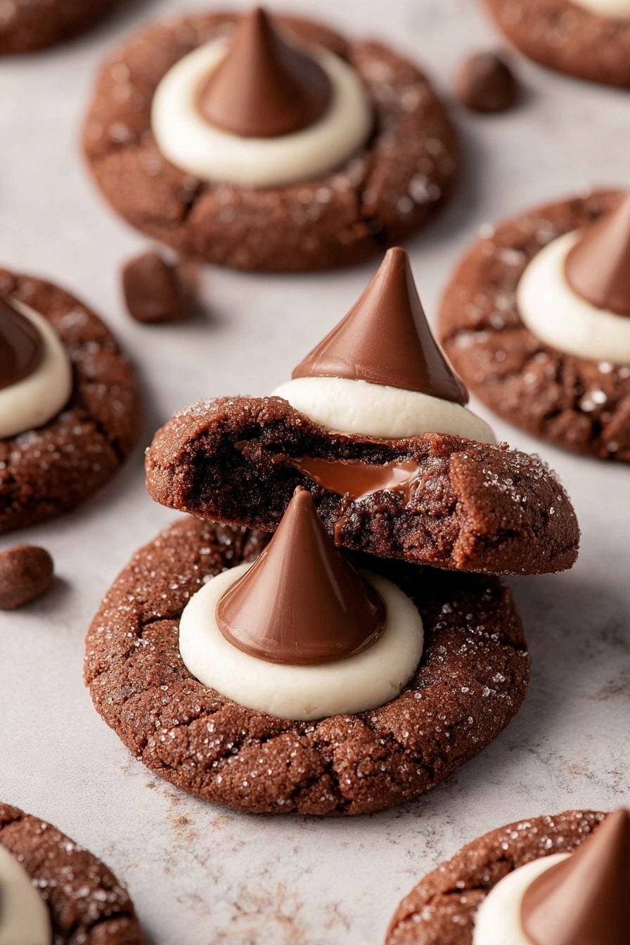 The image shows several round chocolate cookies on a light surface with a white marbled texture, each cookie having a deep brown color with a slightly rough texture and a sprinkle of sugar on top. Each cookie has a ring of smooth, white cream in the center, which is topped by a single, cone-shaped milk chocolate piece with a glossy finish. One cookie is broken in half and placed on top of another, revealing its soft, dark brown inside and a cross-section of the chocolate piece, showing a creamy white filling inside. The cookies are scattered casually, with some whole chocolate pieces lying around. photo taken with an iphone --ar 2:3 --v 7 - Hot Cocoa Cookie Blossoms, hot cocoa cookies, chocolate kiss cookies, marshmallow cookies, cozy holiday cookies
