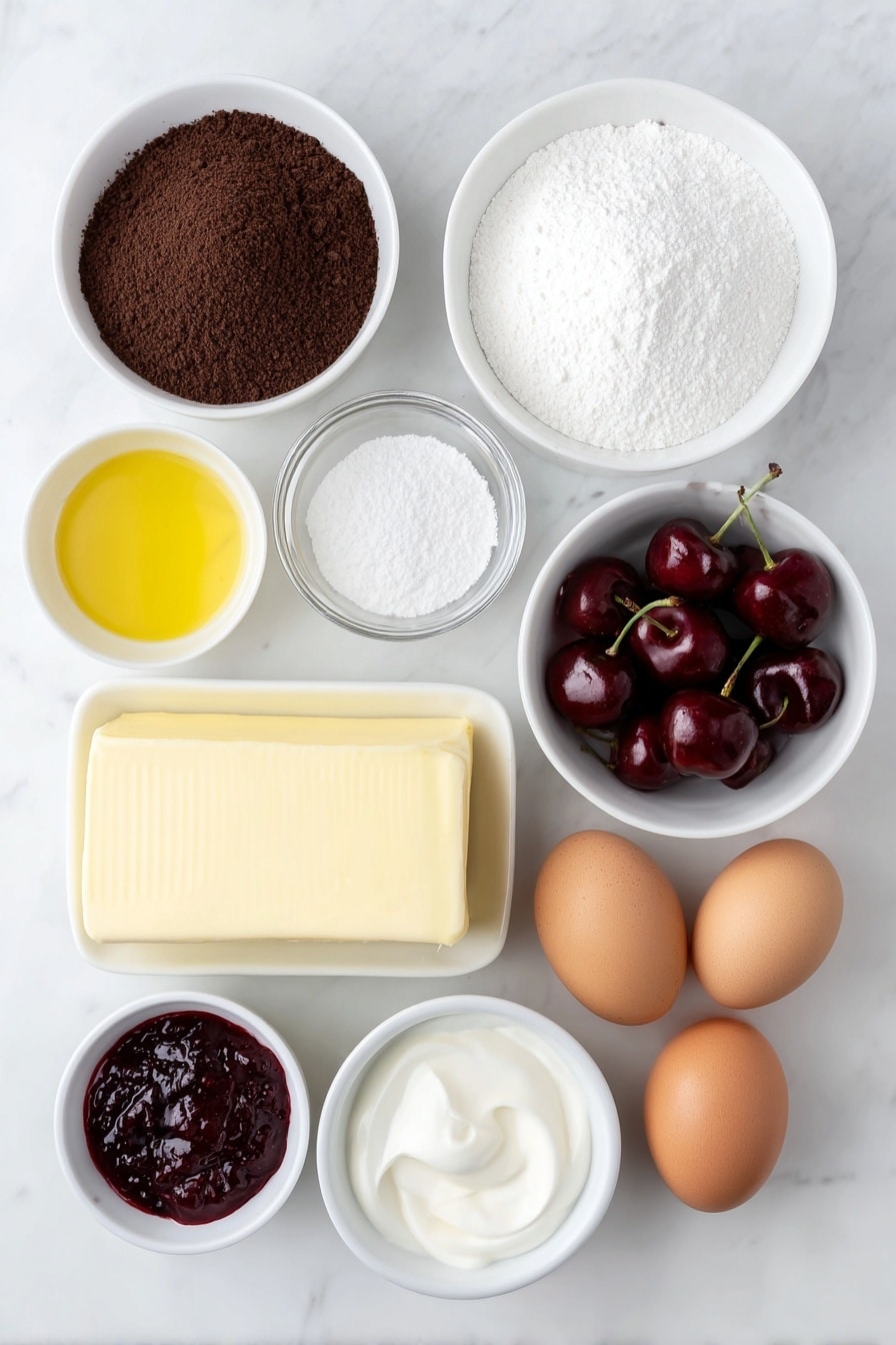 Flat lay of a small bowl of fine Oreo crumbs, a small bowl of melted unsalted butter, a handful of fresh red cherries with stems, a small white bowl filled with white granulated sugar, a small white bowl containing white cornstarch, a large block of smooth cream cheese, a small white bowl of sour cream, a small white bowl of deep red cherry puree, a small white bowl with clear pure vanilla extract, and four large whole uncracked brown eggs arranged symmetrically on a clean white marble surface, soft natural light, photo taken with an iPhone, professional food photography style, fresh ingredients, white ceramic bowls, no bottles, no duplicates, no utensils, no packaging --ar 2:3 --v 7 --p m7354615311229779997 - Cherry Cheesecake with Oreo Crust, cherry cheesecake with oreo crust, best cherry cheesecake dessert, easy cherry cheesecake recipe, homemade cherry cheesecake