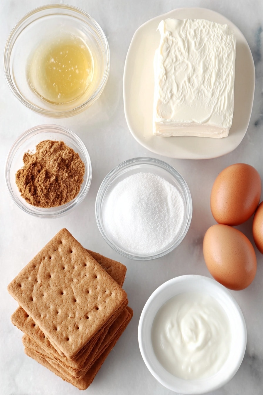 Flat lay of a small pile of gluten free graham crackers, a small heap of light brown packed brown sugar, a small mound of ground cinnamon powder, a small white ceramic bowl of melted unsalted butter, a block of cream cheese, a small white ceramic bowl of white granulated sugar, a small white ceramic bowl of sour cream, a small white ceramic bowl of heavy cream, a small white ceramic bowl of pure vanilla extract, four whole uncracked large brown eggs, and one whole uncracked egg yolk placed on a simple white ceramic dish, placed on a clean white marble surface, soft natural light, photo taken with an iPhone, professional food photography style, fresh ingredients, white ceramic bowls, no bottles, no duplicates, no utensils, no packaging --ar 2:3 --v 7 --p m7354615311229779997 - No-Bake Gluten Free Cheesecake, gluten-free cheesecake, easy no-bake dessert, dairy-free cheesecake, healthy gluten free dessert