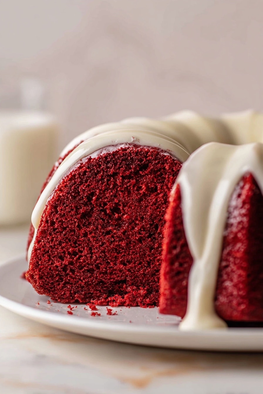 A red bundt cake sits on a white plate with smooth white icing dripping in thick layers over the top and down the ridges, contrasting with the deep red of the cake. The cake has a ring shape with a hollow center and distinct ridges from the bundt mold. The white icing is uneven but thick, showing the texture of the cake below in some places. Nearby are two clear glasses filled with milk, and a sliced coconut is blurred in the background on a white marbled surface, along with a folded striped cloth. Photo taken with an iphone --ar 2:3 --v 7 - Red Velvet Bundt Cake with Cream Cheese Glaze, moist red velvet cake, easy Bundt cake recipe, festive holiday dessert, cream cheese glaze dessert
