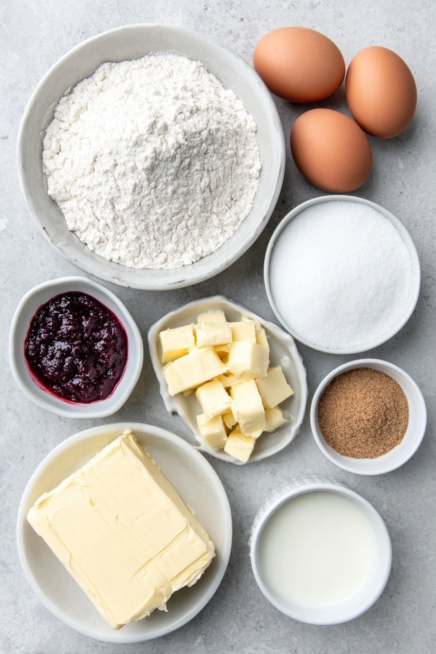 Flat lay of a small white ceramic bowl of warm milk, a small white ceramic bowl of active dry yeast granules, two whole brown eggs with clean shells, a small white ceramic bowl with bright red gel food dye, a simple mound of all-purpose flour, a small heap of unsweetened cocoa powder, a small pile of white granulated sugar, a small pile of light brown packed brown sugar, a small white ceramic bowl of ground cinnamon, unsalted butter in two portions: one as a few small cubes and one as a half stick, a small white ceramic bowl of heavy cream, a block of cream cheese, a small white ceramic bowl of sifted powdered sugar, a small white ceramic bowl of pure vanilla extract, and a small white ceramic bowl of milk, all arranged symmetrically and balanced, placed on a clean white marble surface, soft natural light, photo taken with an iPhone, professional food photography style, fresh ingredients, white ceramic bowls, no bottles, no duplicates, no utensils, no packaging --ar 2:3 --v 7 --p m7354615311229779997 - Red Velvet Cinnamon Rolls, red velvet cinnamon roll recipe, fluffy cinnamon rolls with red velvet, chocolate cinnamon rolls, easy red velvet breakfast treats
