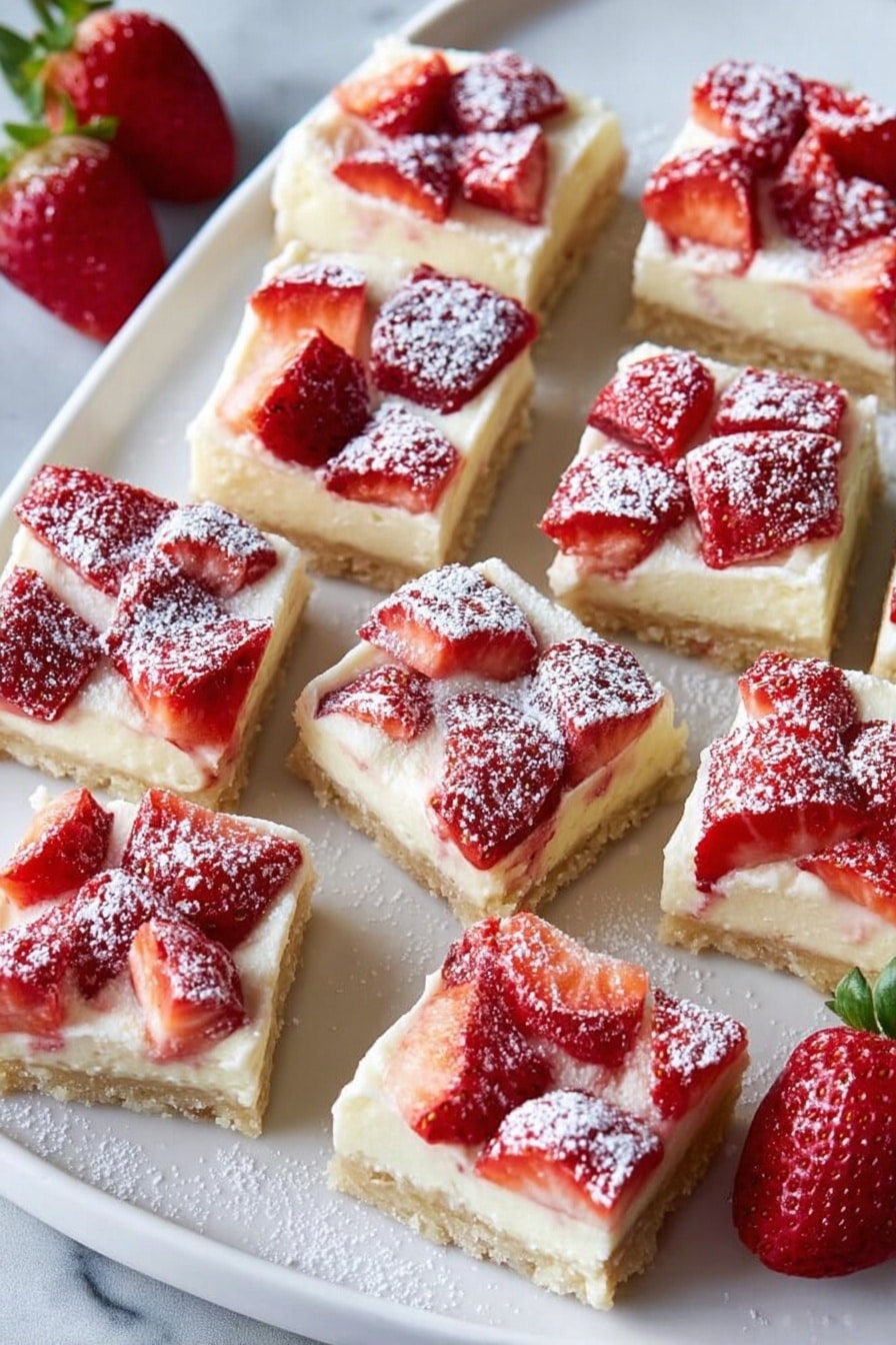The image shows a dessert with two layers arranged in small square pieces inside a white baking dish on a white marbled surface. Each piece has a bottom layer of golden crumbly crust and a thick top layer of creamy white filling, topped with bright red strawberry slices. In front, there's a pink speckled plate with floral designs holding one square piece and a smaller piece on a golden spoon, both topped with strawberry slices. Whole strawberries lie nearby on the surface. photo taken with an iphone --ar 2:3 --v 7 - Strawberry Cheesecake Slice, strawberry cheesecake dessert, easy cheesecake recipes, fruity dessert ideas, no-bake cheesecake slices