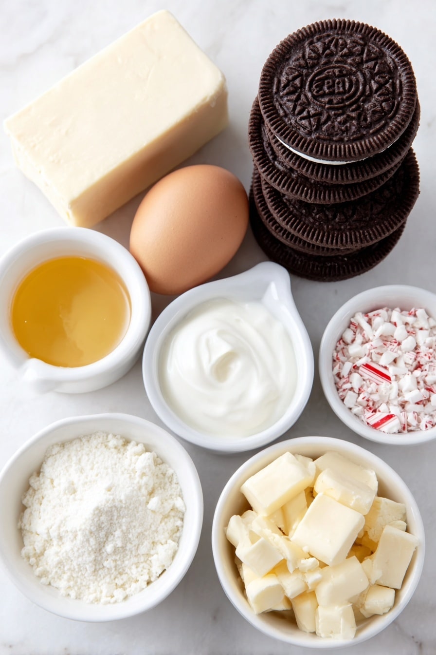 Flat lay of a stack of whole Oreo cookies with visible cream filling, a small white ceramic bowl of melted unsalted butter glistening, a small pinch of coarse salt beside it, four blocks of smooth cream cheese neatly arranged, a small white bowl filled with thick sour cream, a small white bowl of fine granulated sugar sparkling, five whole brown eggs with clean shells, a small white bowl holding clear vanilla extract, a small white bowl containing clear peppermint extract, a small white bowl heaped with crushed red and white peppermint candies, a small white bowl with irregular chunks of chopped white chocolate placed on a clean white marble surface, soft natural light, photo taken with an iPhone, professional food photography style, fresh ingredients, white ceramic bowls, no bottles, no duplicates, no utensils, no packaging --ar 2:3 --v 7 --p m7354615311229779997 - Peppermint Cheesecake, peppermint cheesecake recipe, holiday cheesecake, creamy peppermint dessert, festive cheesecake ideas