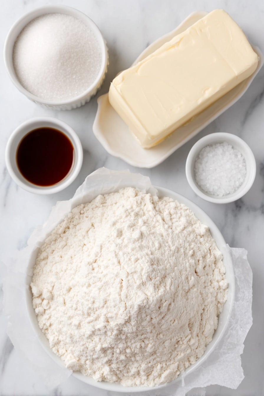 Flat lay of a small white ceramic bowl filled with fine all-purpose flour, another small white bowl with sparkling granulated sugar, a few grains of coarse sugar scattered neatly beside a small white bowl with golden unsalted butter cut into cubes, one whole uncracked brown egg, a tiny pinch of salt crystals arranged artfully on the white surface, a small white ceramic bowl holding clear vanilla extract, and next to it a similarly sized bowl with pale almond extract liquid, all ingredients arranged with perfect symmetry and realistic proportions, placed on a clean white marble surface, soft natural light, photo taken with an iPhone, professional food photography style, fresh ingredients, white ceramic bowls, no bottles, no duplicates, no utensils, no packaging --ar 2:3 --v 7 --p m7354615311229779997 - Ted Lasso Biscuit Shortbread, easy shortbread cookies, buttery shortbread recipe, fan-favorite shortbread, tea-time biscuit ideas